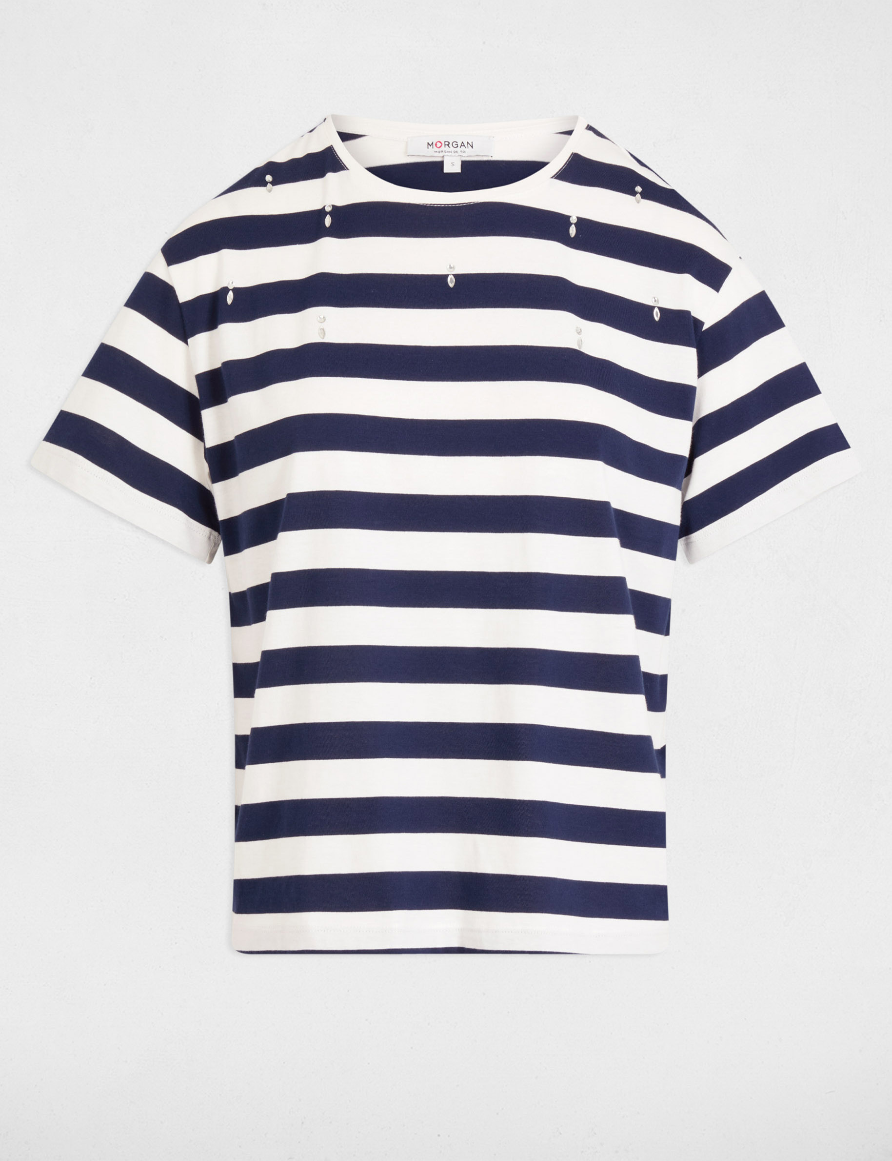 gestreept t shirt met korte mouwen helder wit vrouw Gestreept T-shirt met korte mouwen helder wit vrouw
