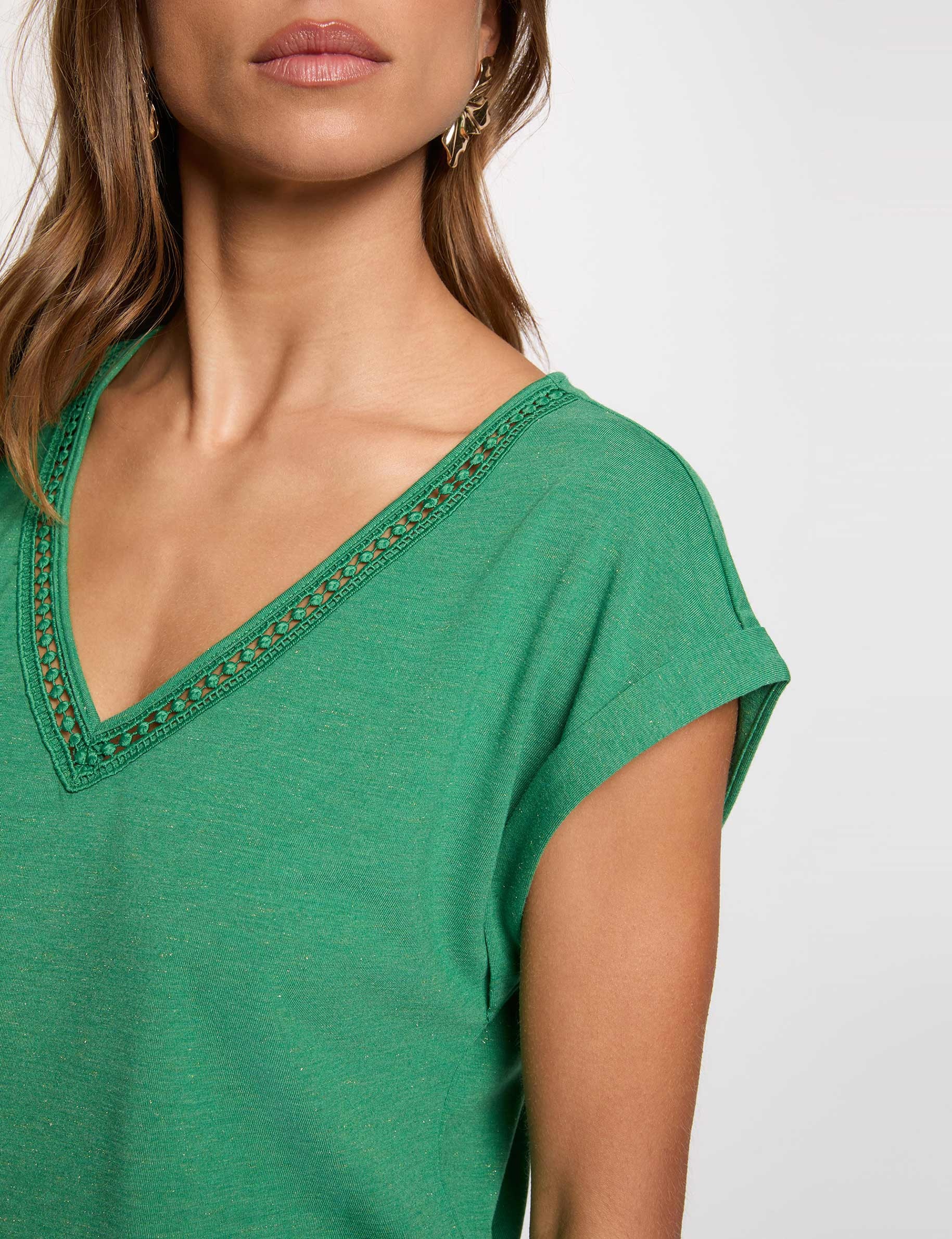 T-shirt brillant col v vert prairie femme