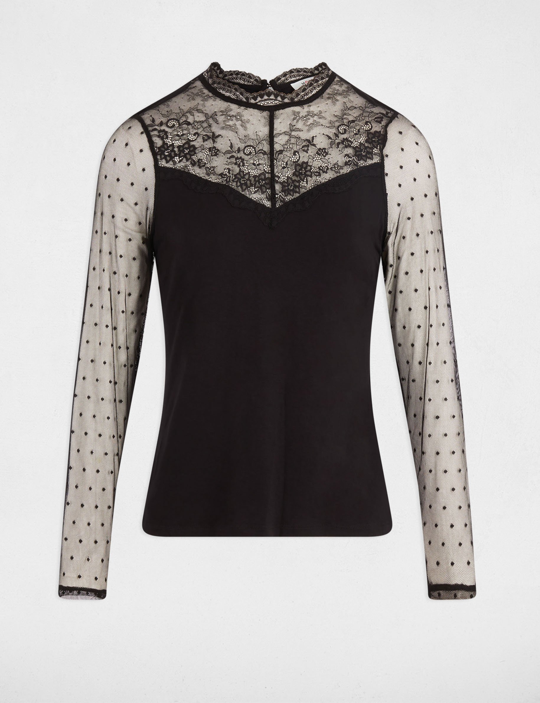 T-shirt dentelle col rond noir femme