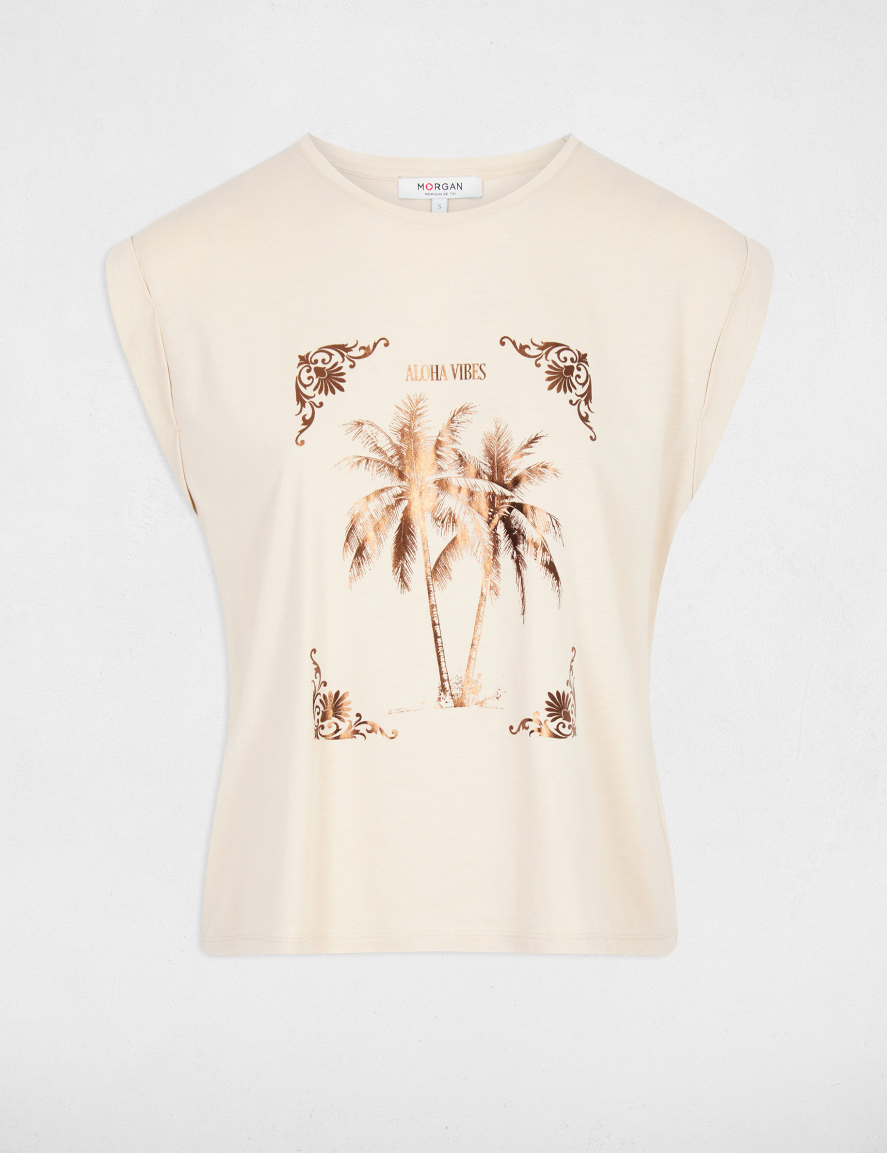 T-shirt imprim&eacute; col rond beige clair femme