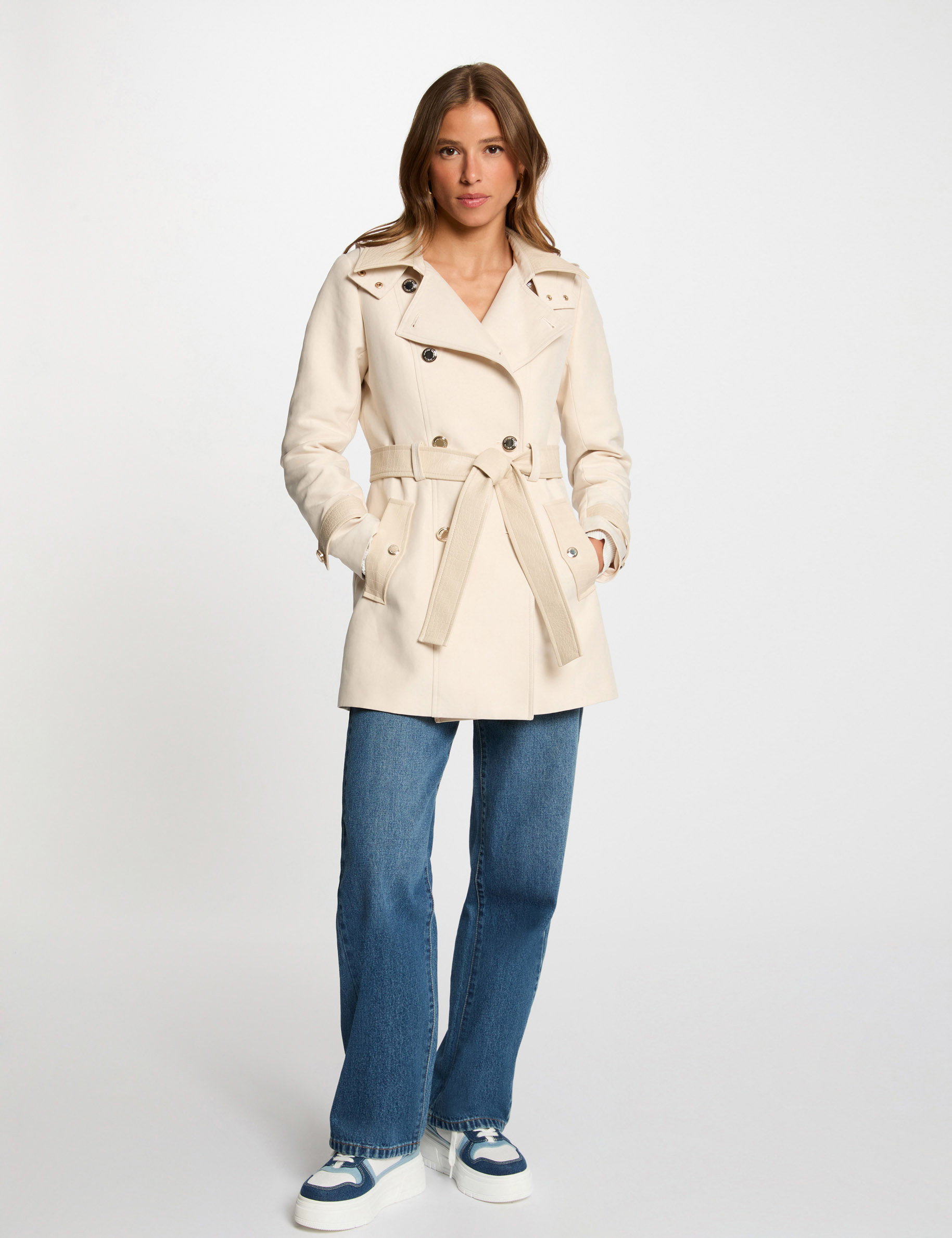 Trench détails simili cuir ivoire femme