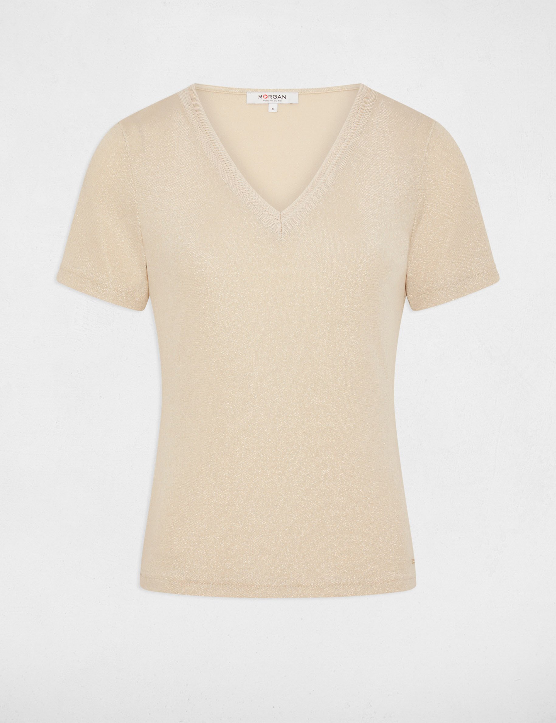 T-shirt manches courtes avec col en V beige femme