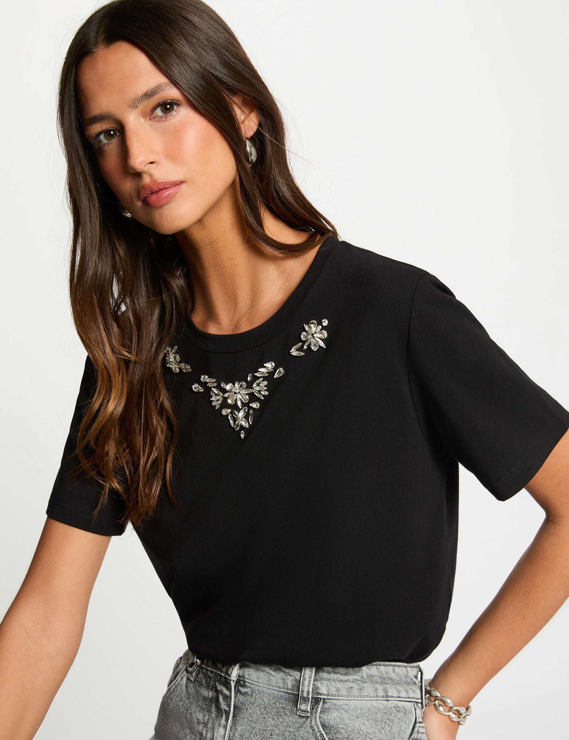 T-shirt strass manches courtes noir femme