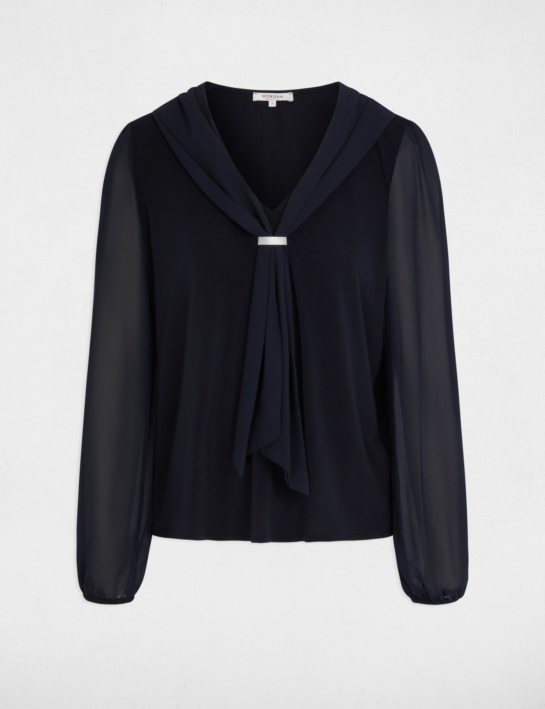 T-shirt voile col lavalli&egrave;re bleu marine femme