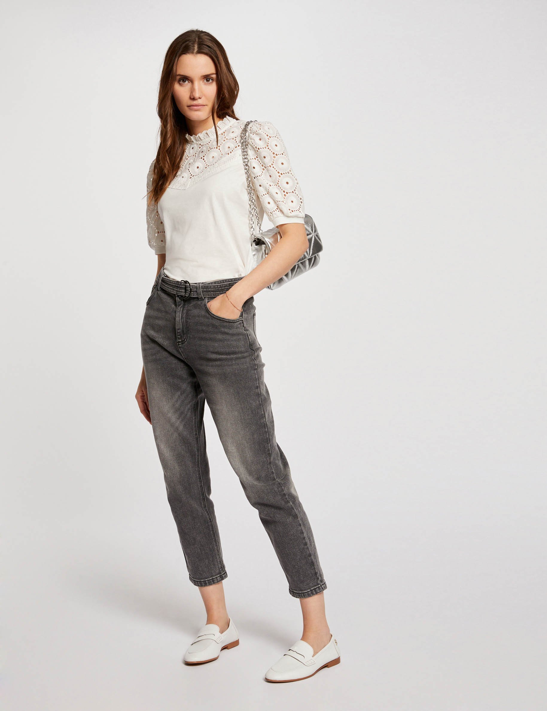 T-shirt manches courtes brod&eacute; ivoire femme