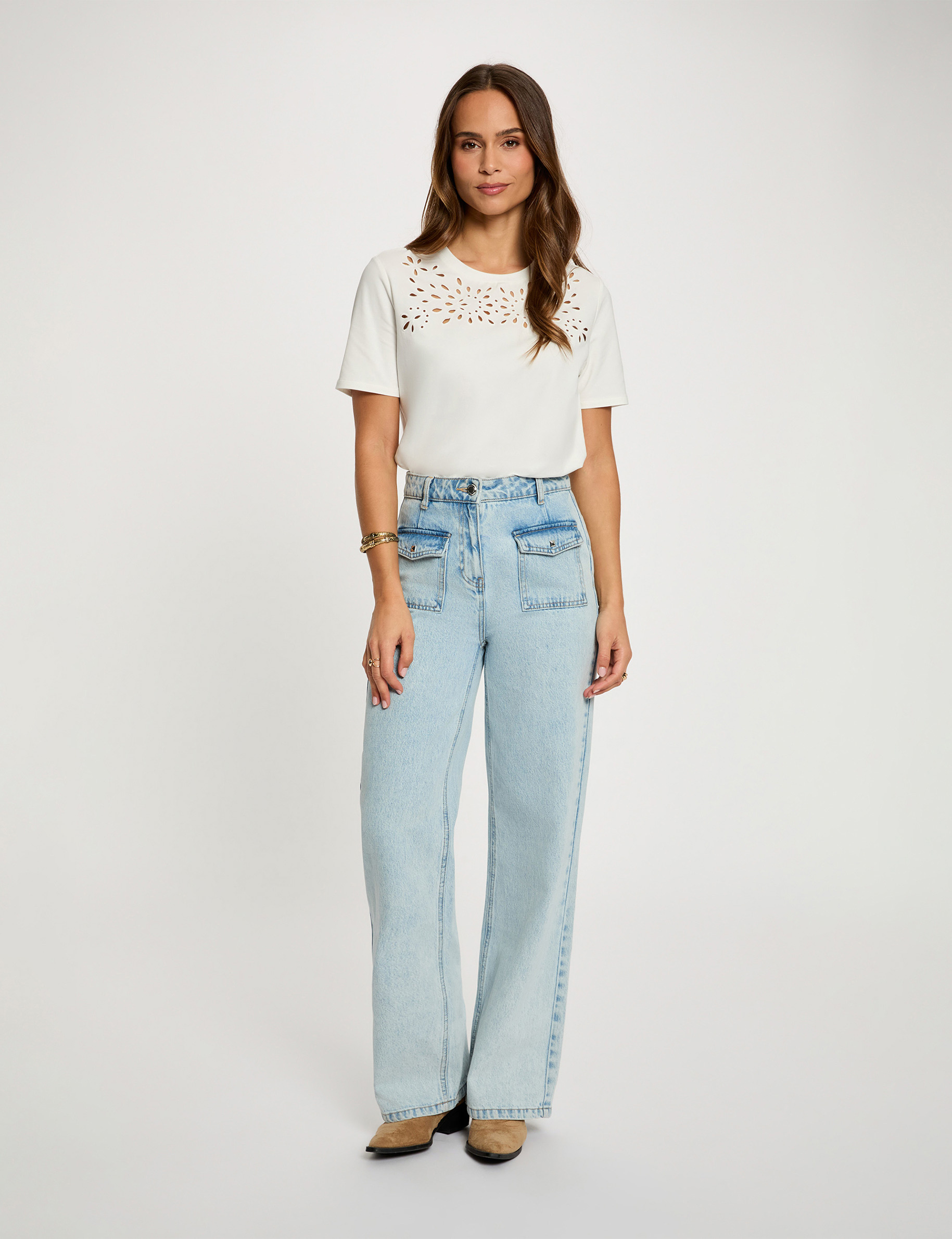 T-shirt brod&eacute; manches courtes blanc femme