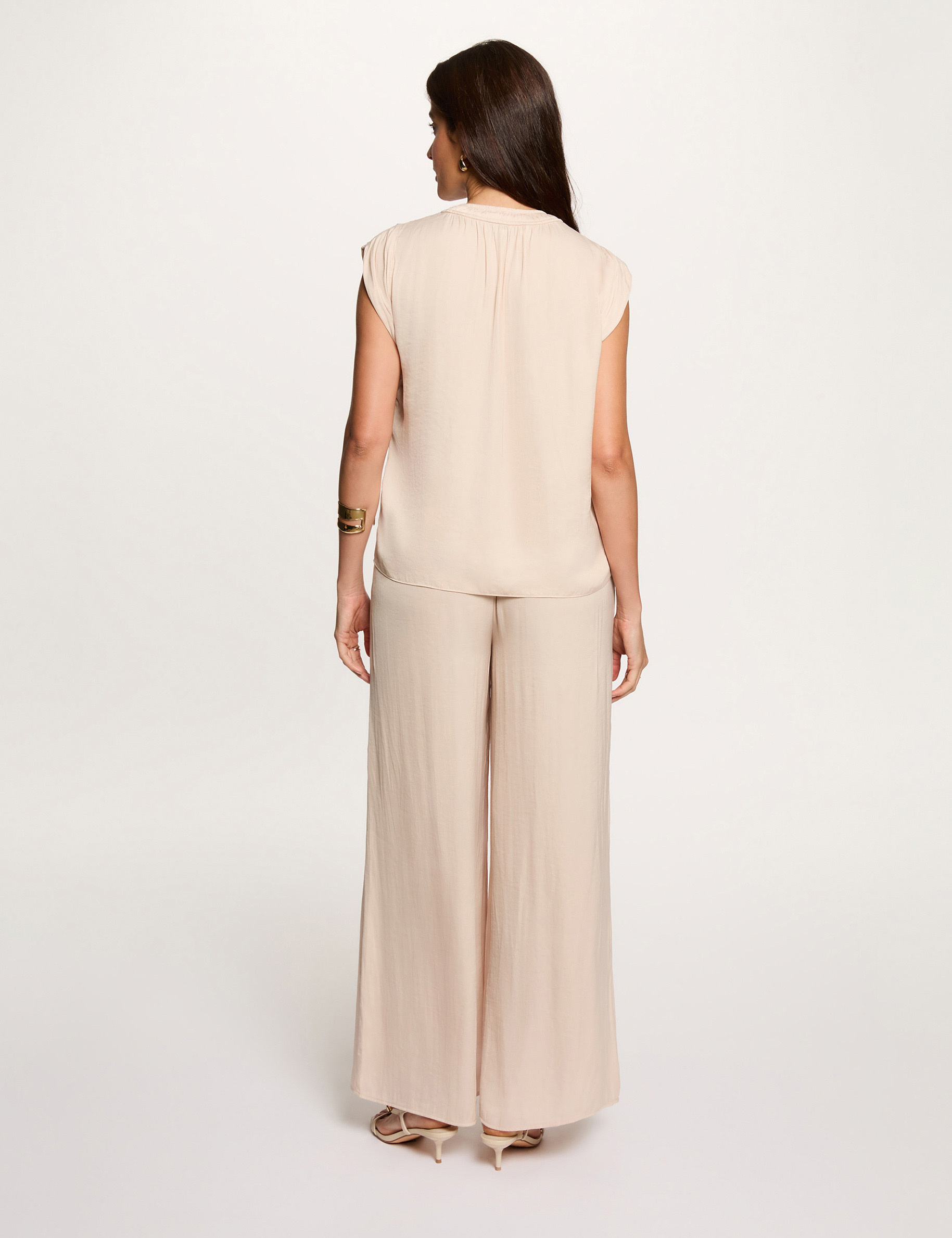 Pantalon large fluide beige clair femme