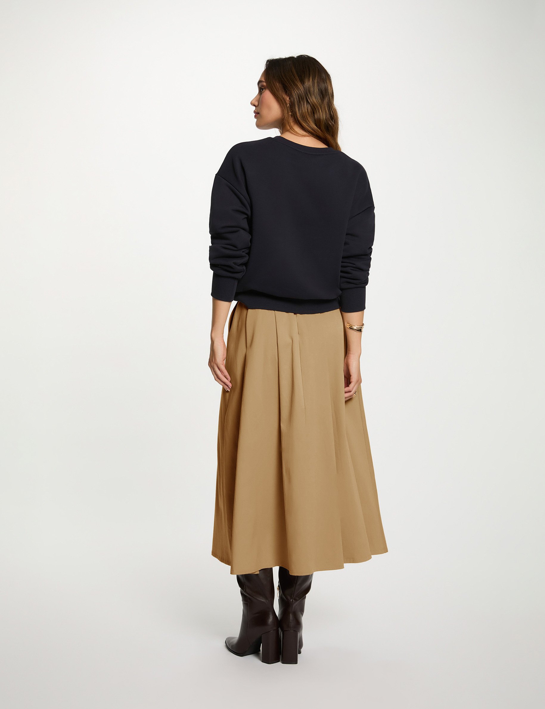 Bedrukte sweater met ronde hals marineblauw vrouw
