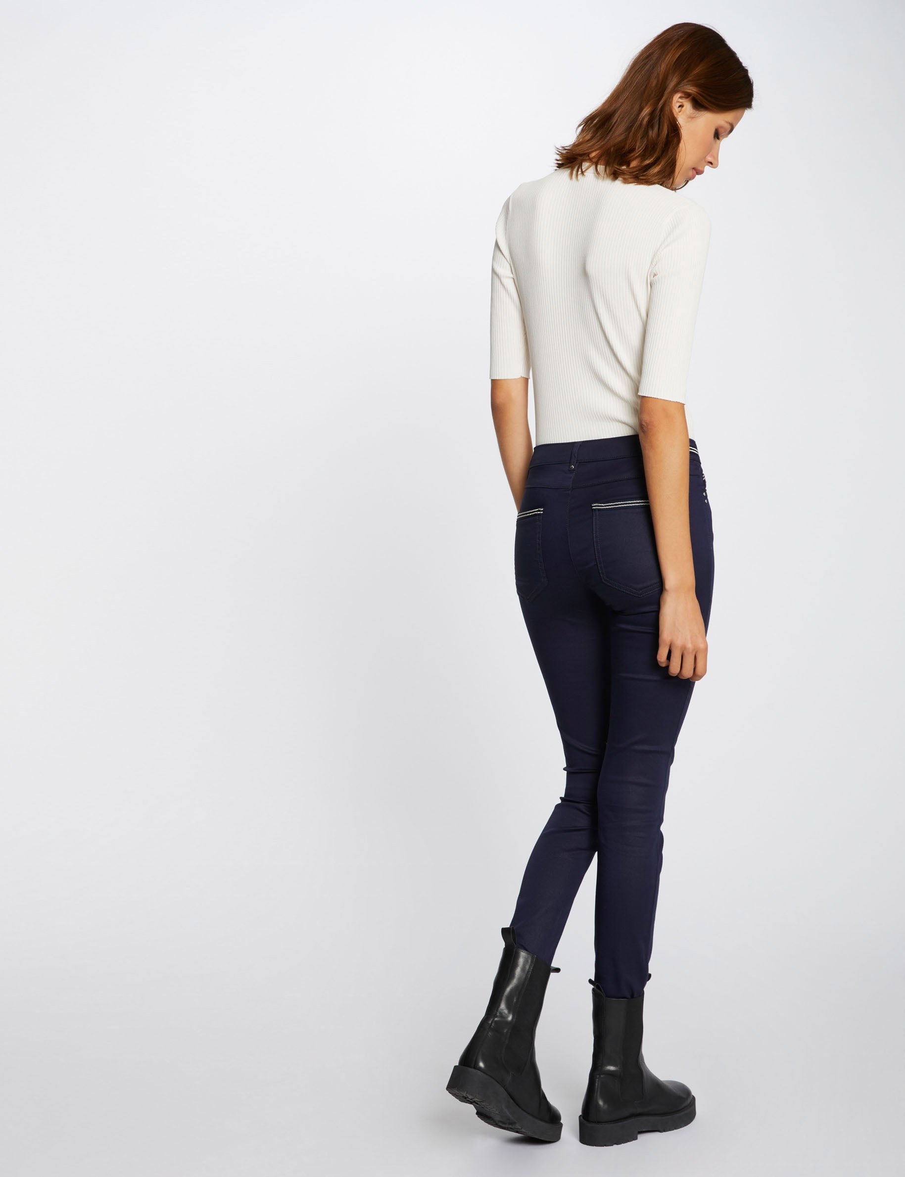 Pantalon slim enduit bleu marine femme