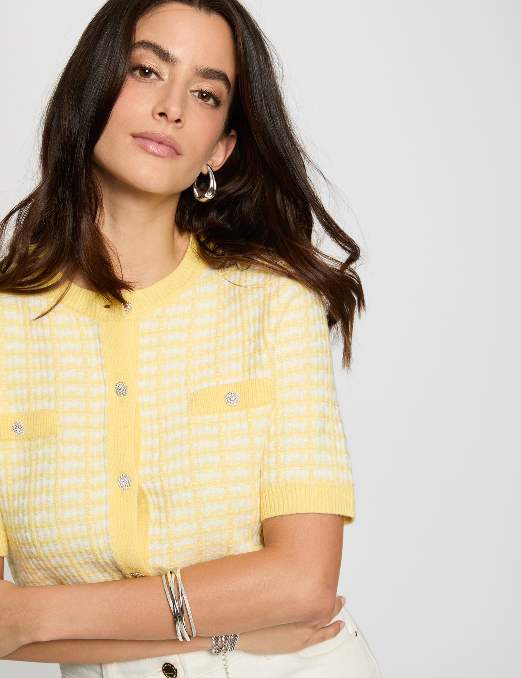 Vest met korte mouwen en print ivoor vrouw