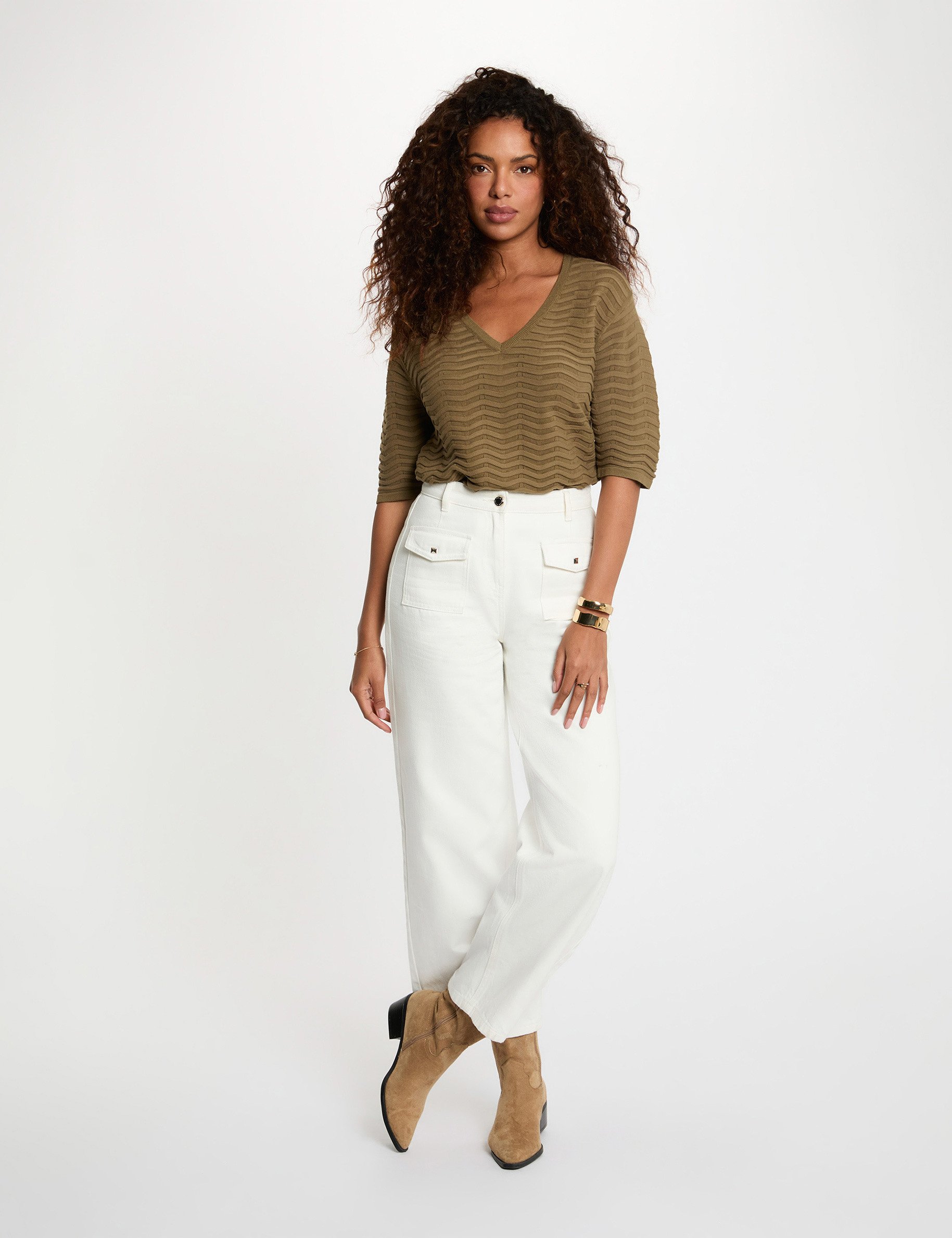 V-hals trui met 3/4 mouwen brons vrouw