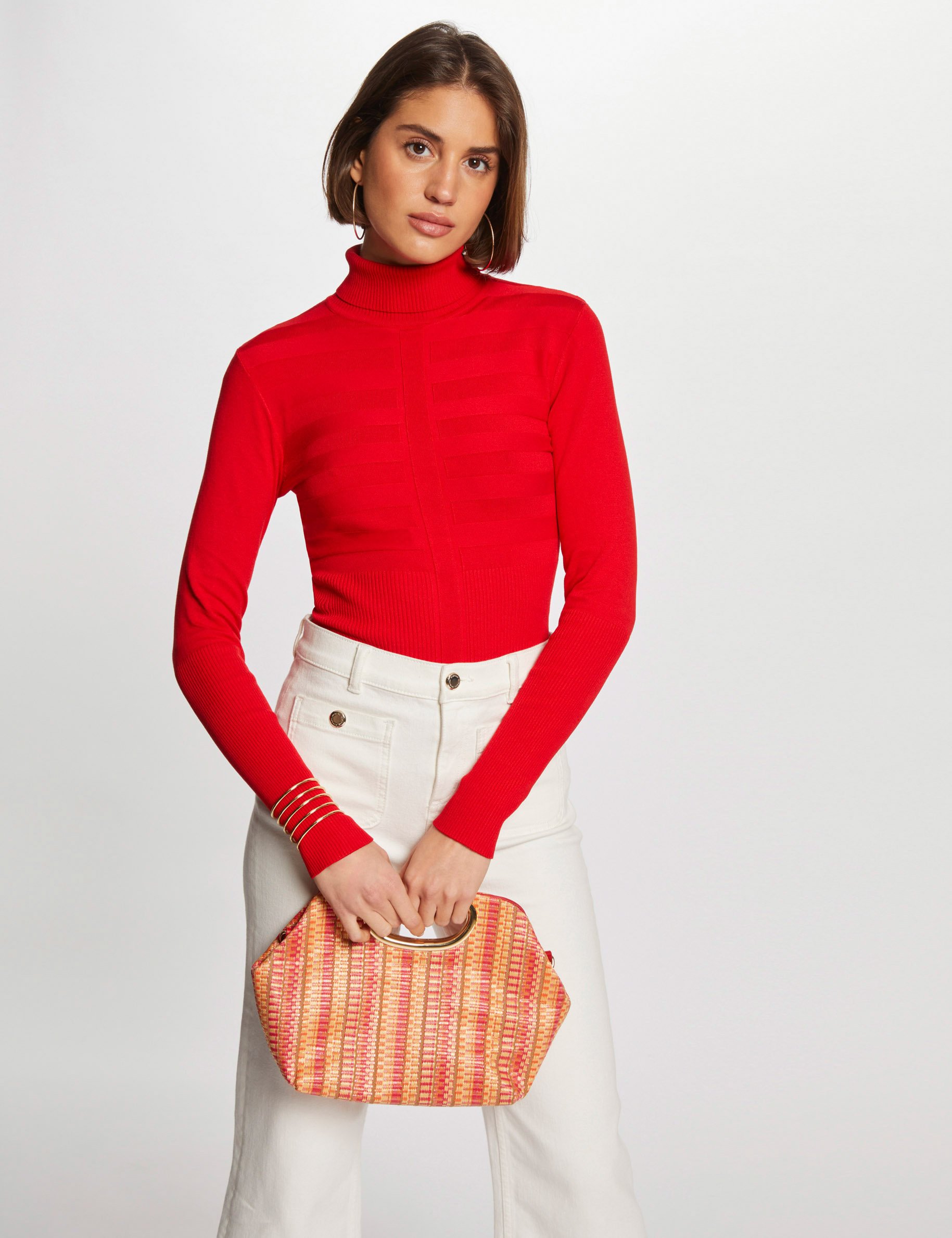Pull col roulé ajusté rouge femme