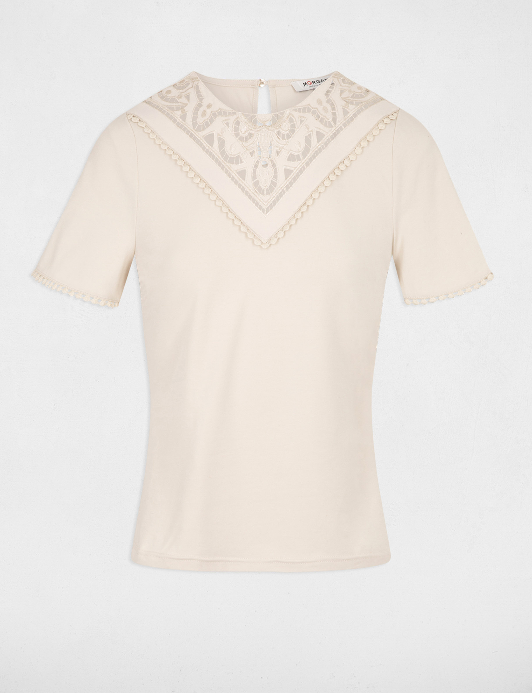 geborduurd t shirt licht beige vrouw Geborduurd T-shirt licht beige vrouw