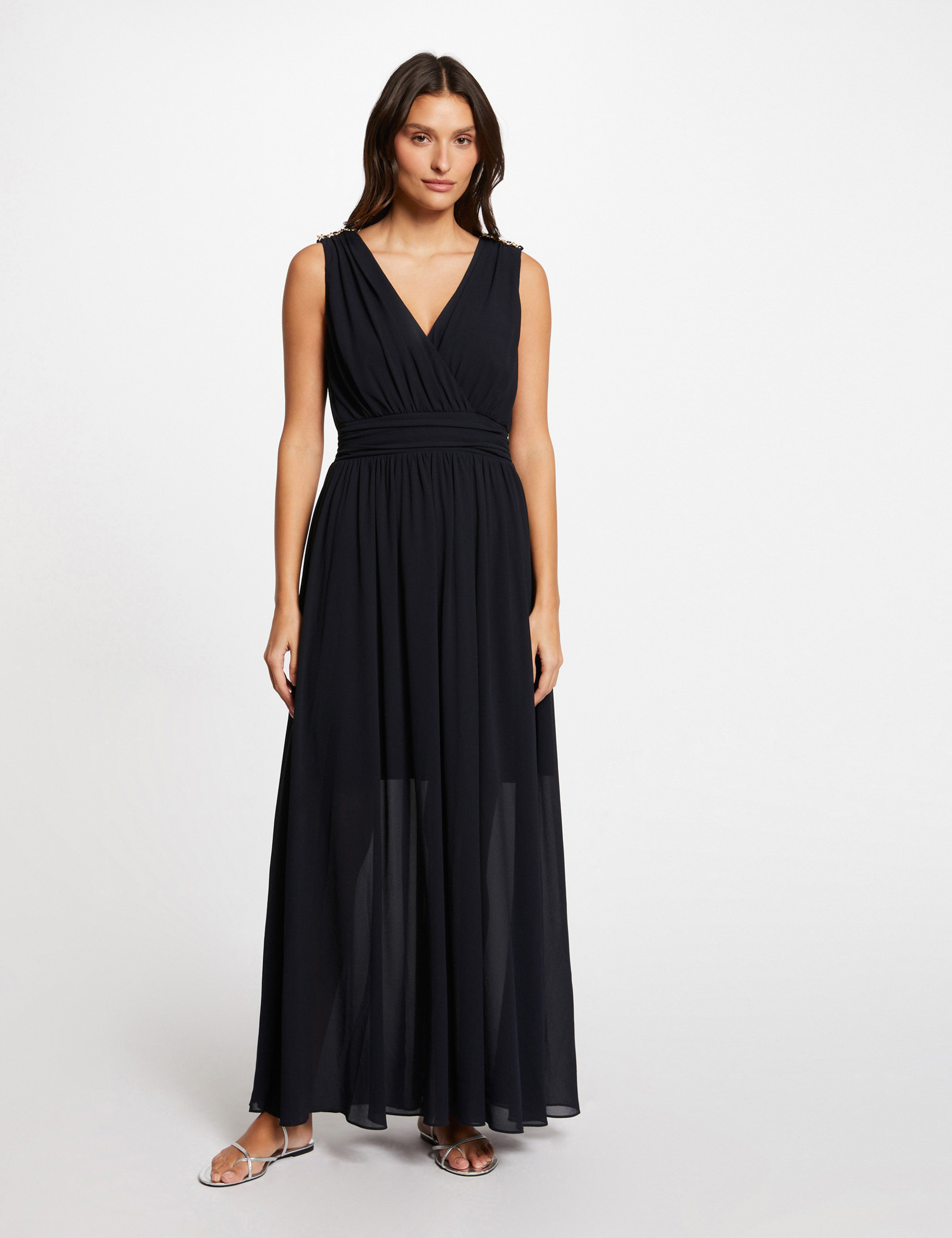 Robe longue cintrée dos en V marine femme