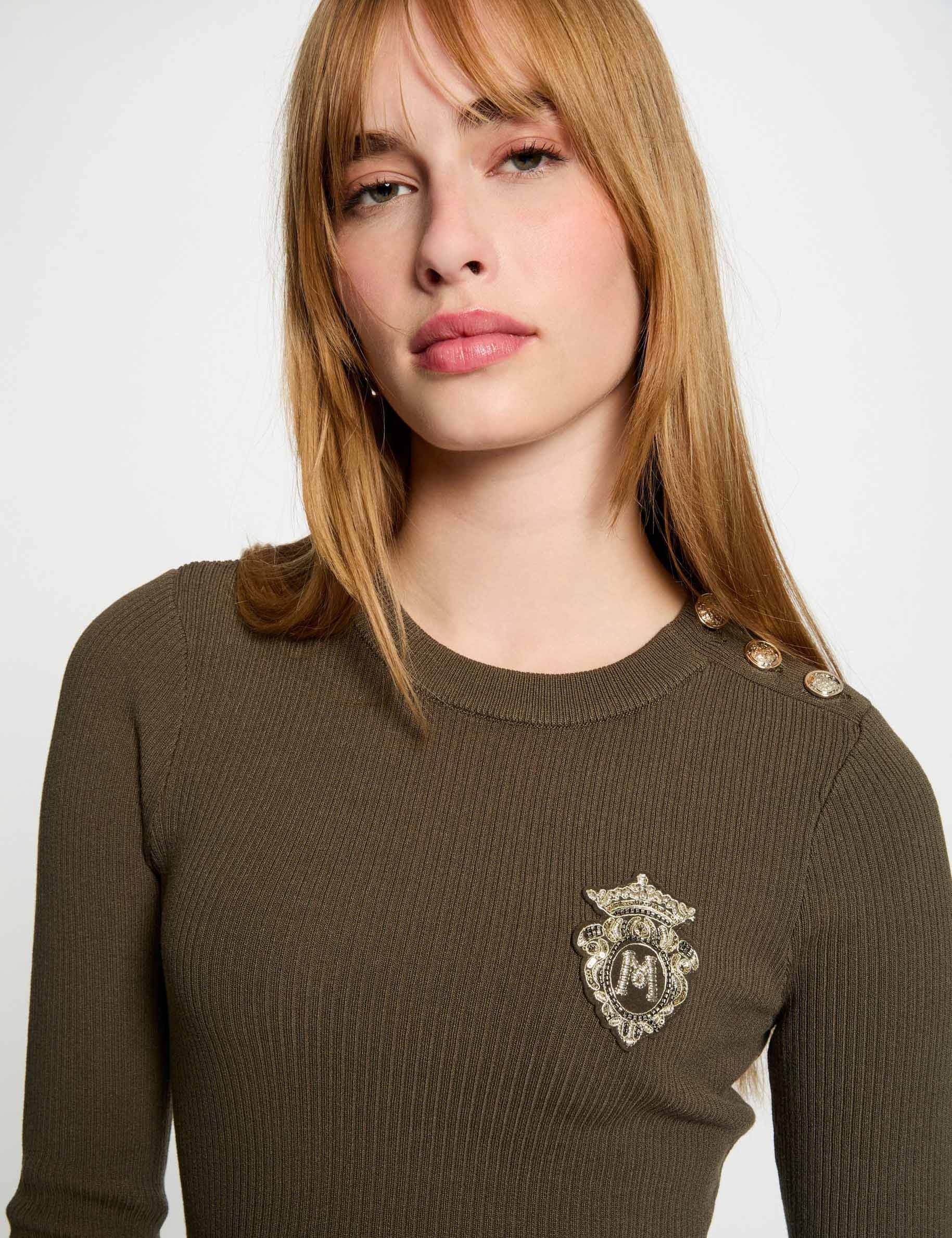 Pull col rond côtelé vert kaki femme