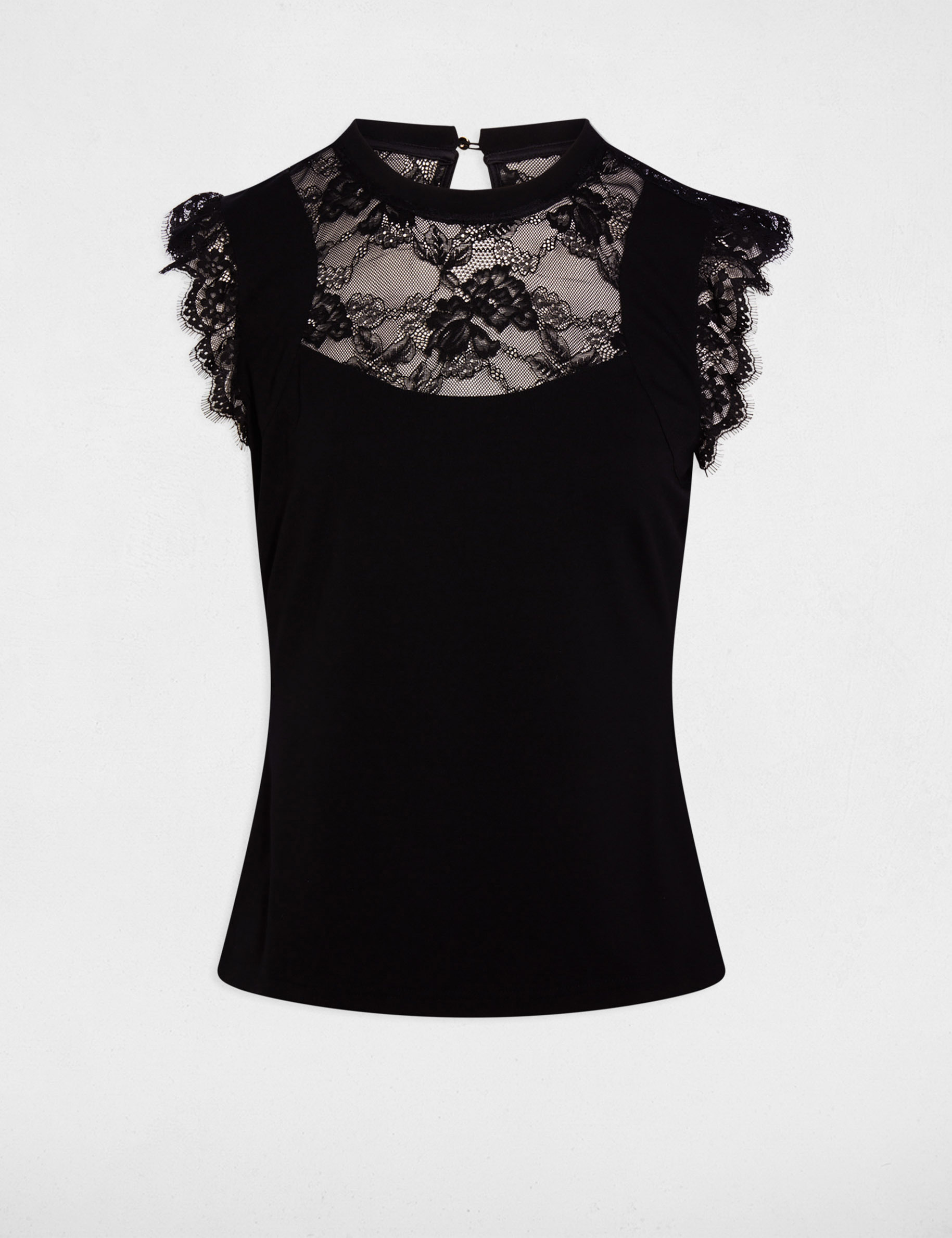 T-shirt met kanten hoge kraag zwart vrouw