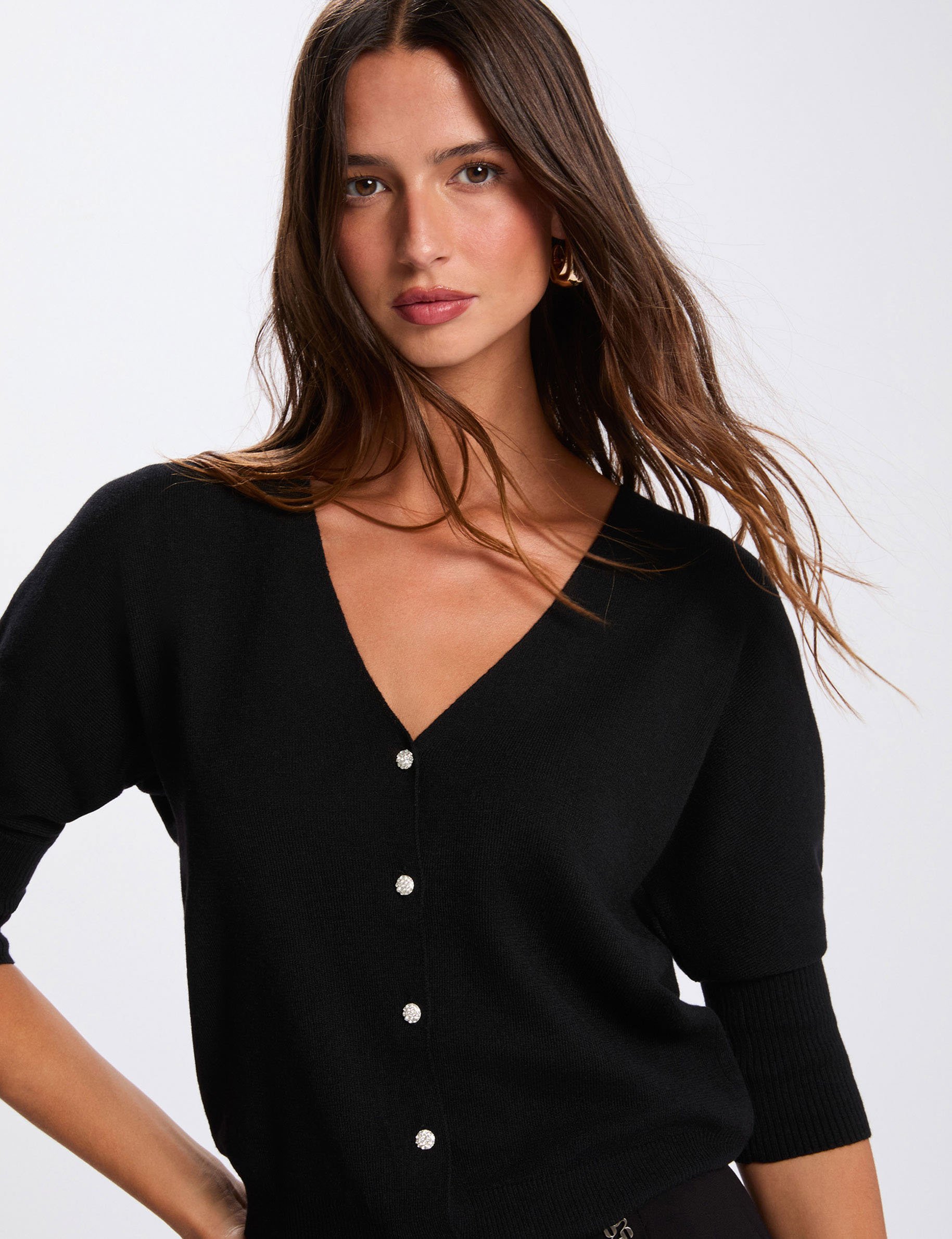 Gilet col en V manches longues noir femme