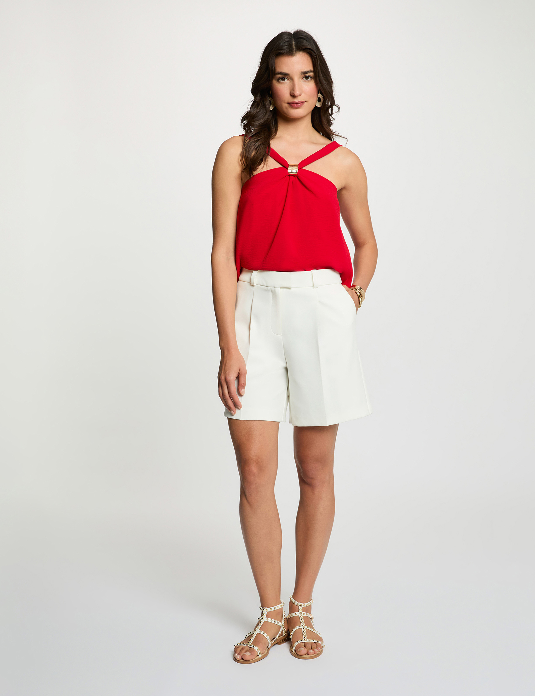 Top pliss&eacute; col montant rouge femme