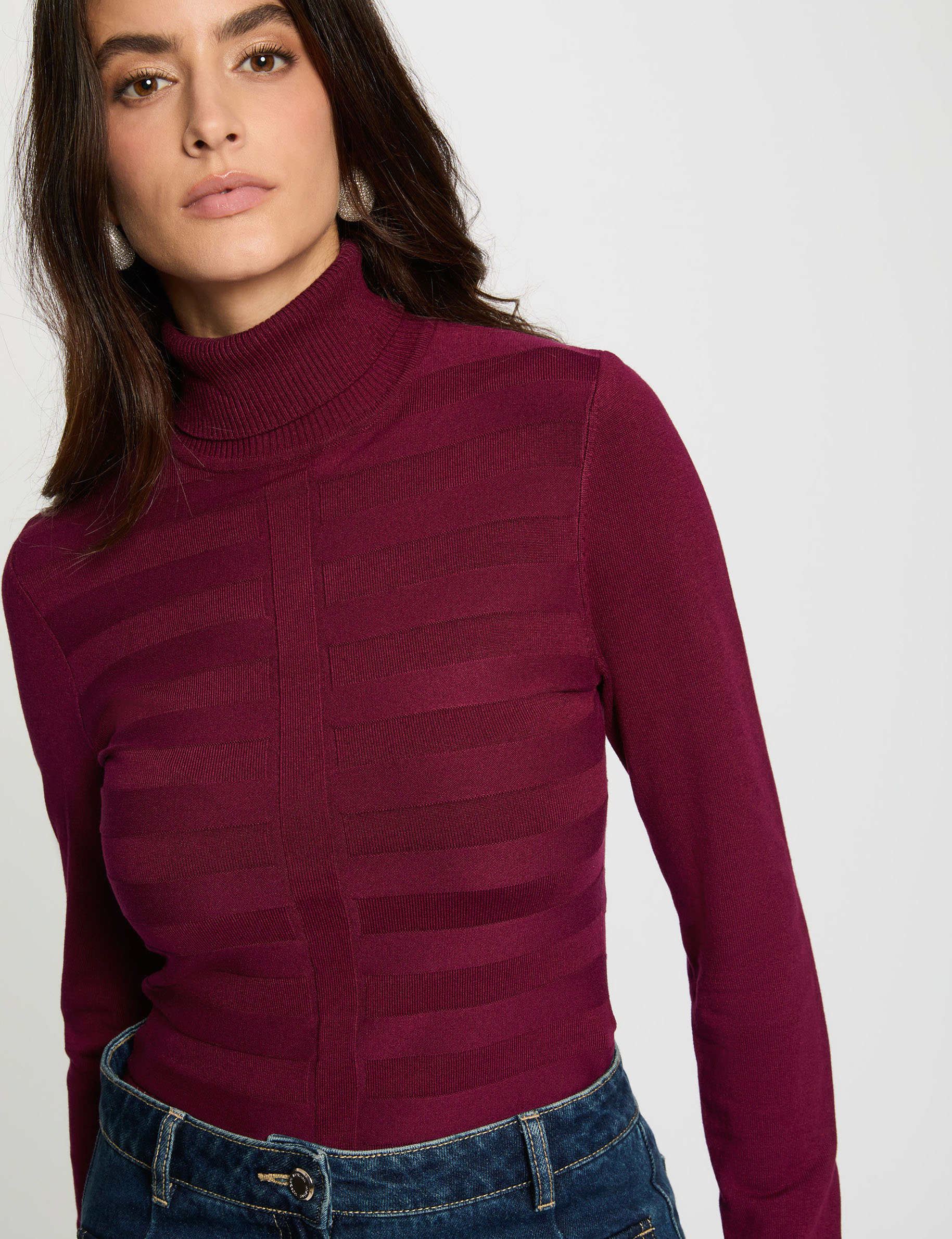 Pull col roul&eacute; prune femme