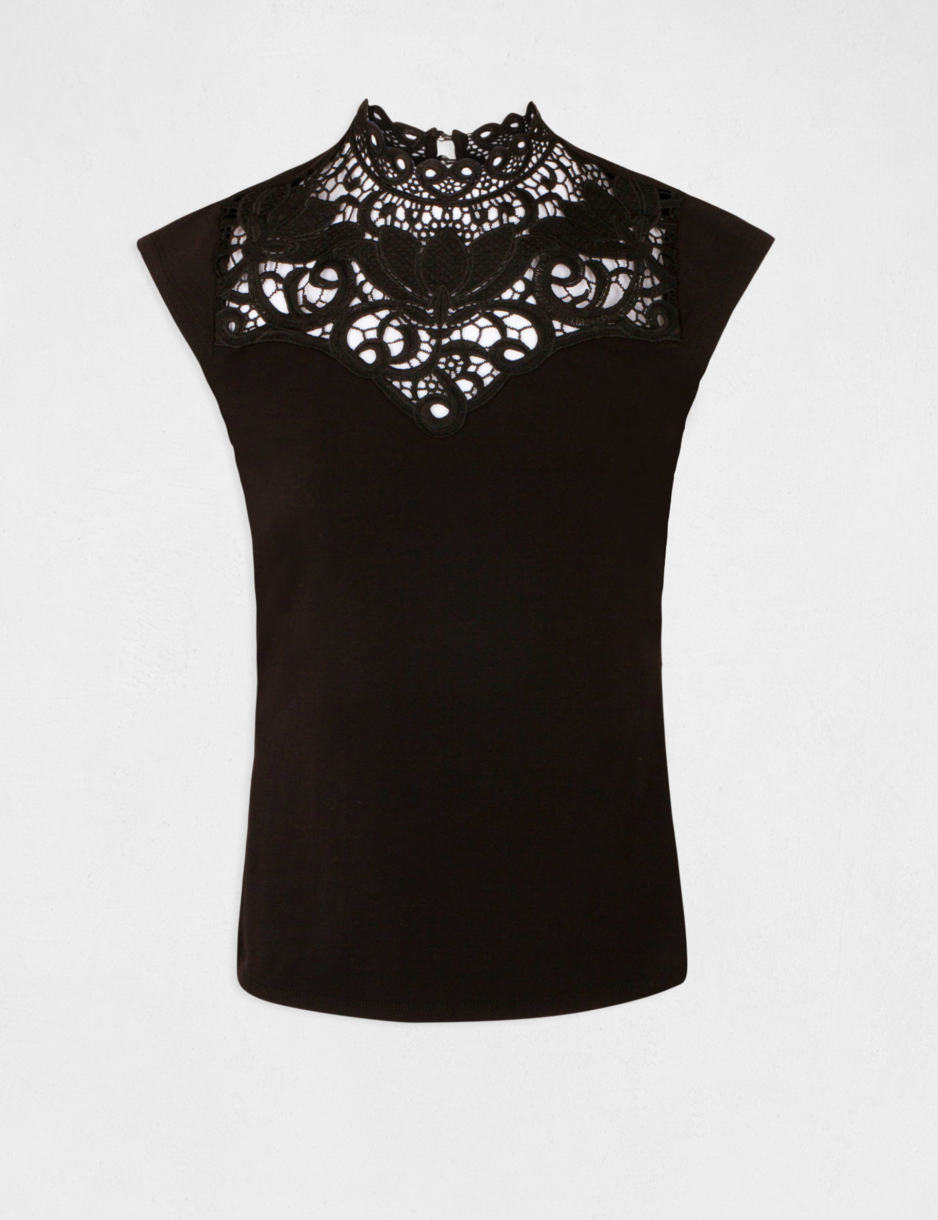 T-shirt manches courtes &agrave; dentelle noir femme