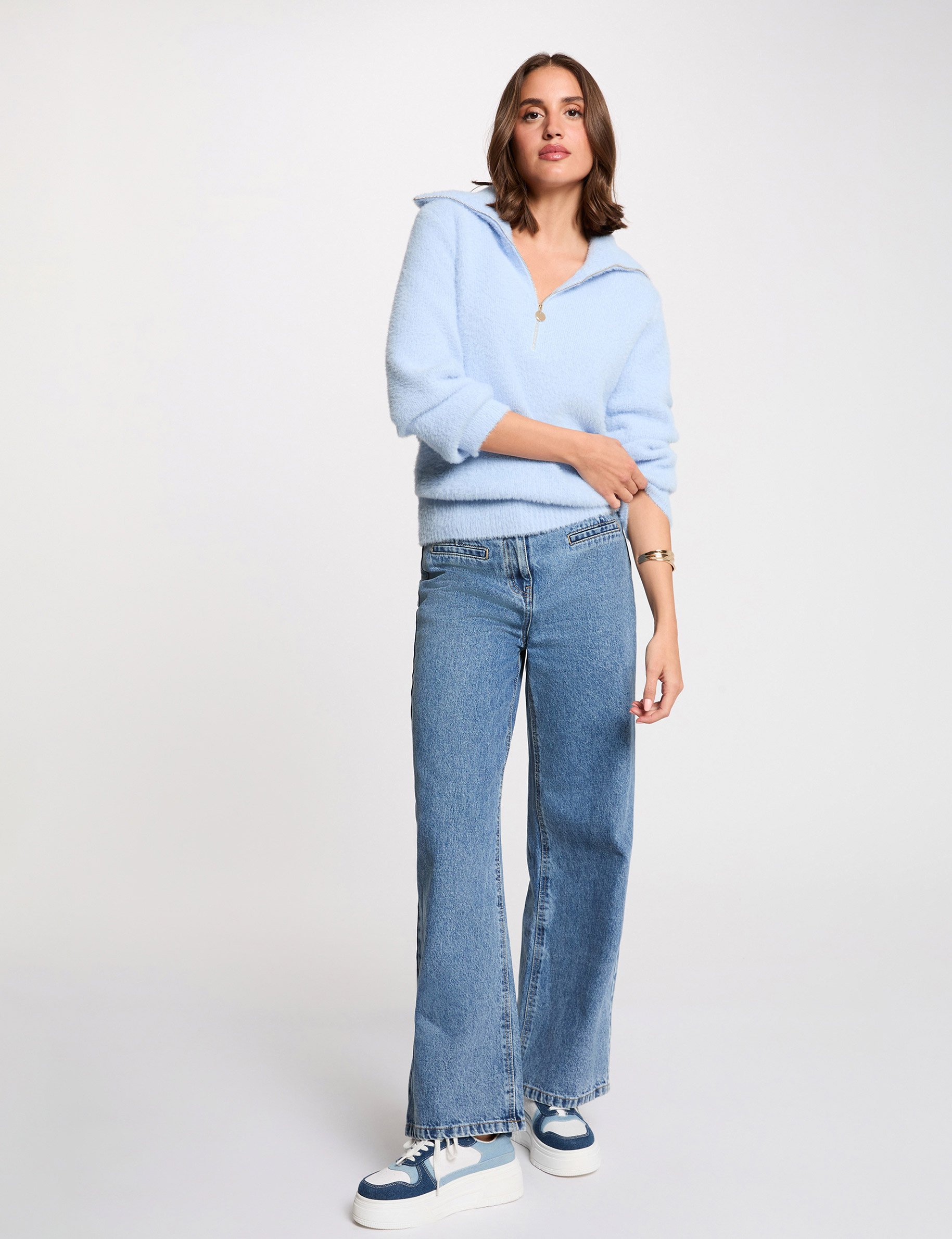 pull manches longues a col zippe bleu ciel femme Pull manches longues à col zippé bleu ciel femme