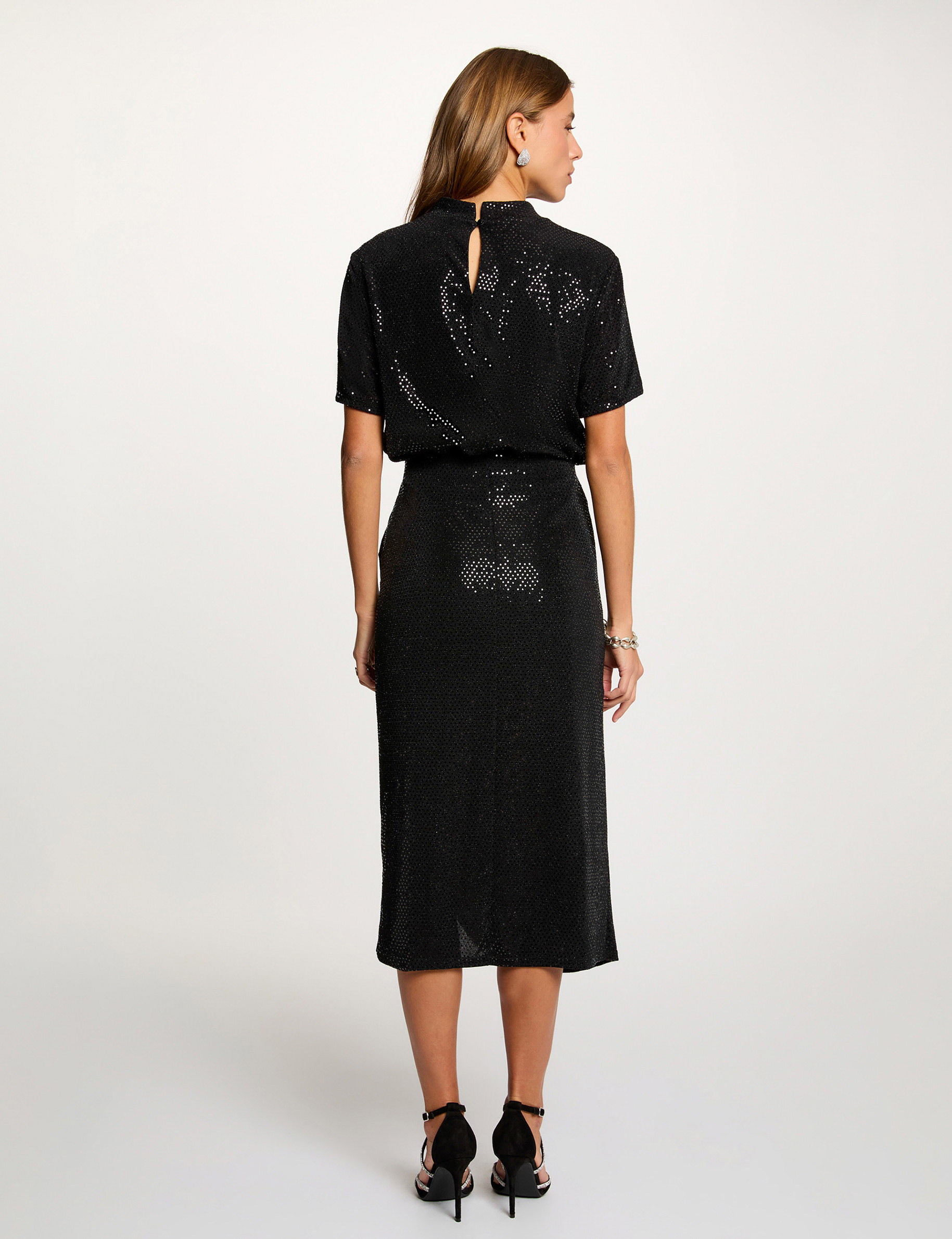 T-shirt sequins col montant noir femme