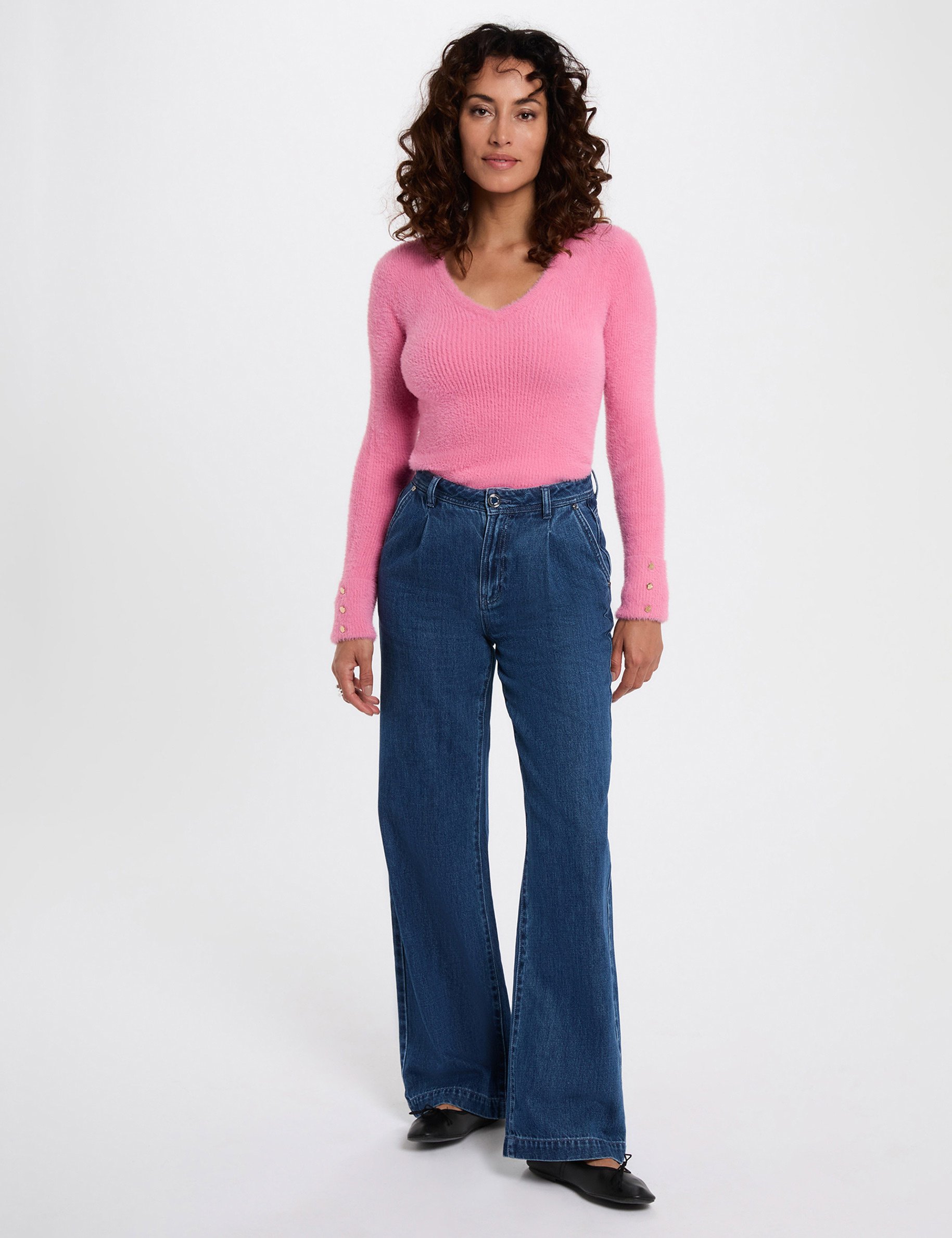 Pull manches longues maille duveteuse rose femme
