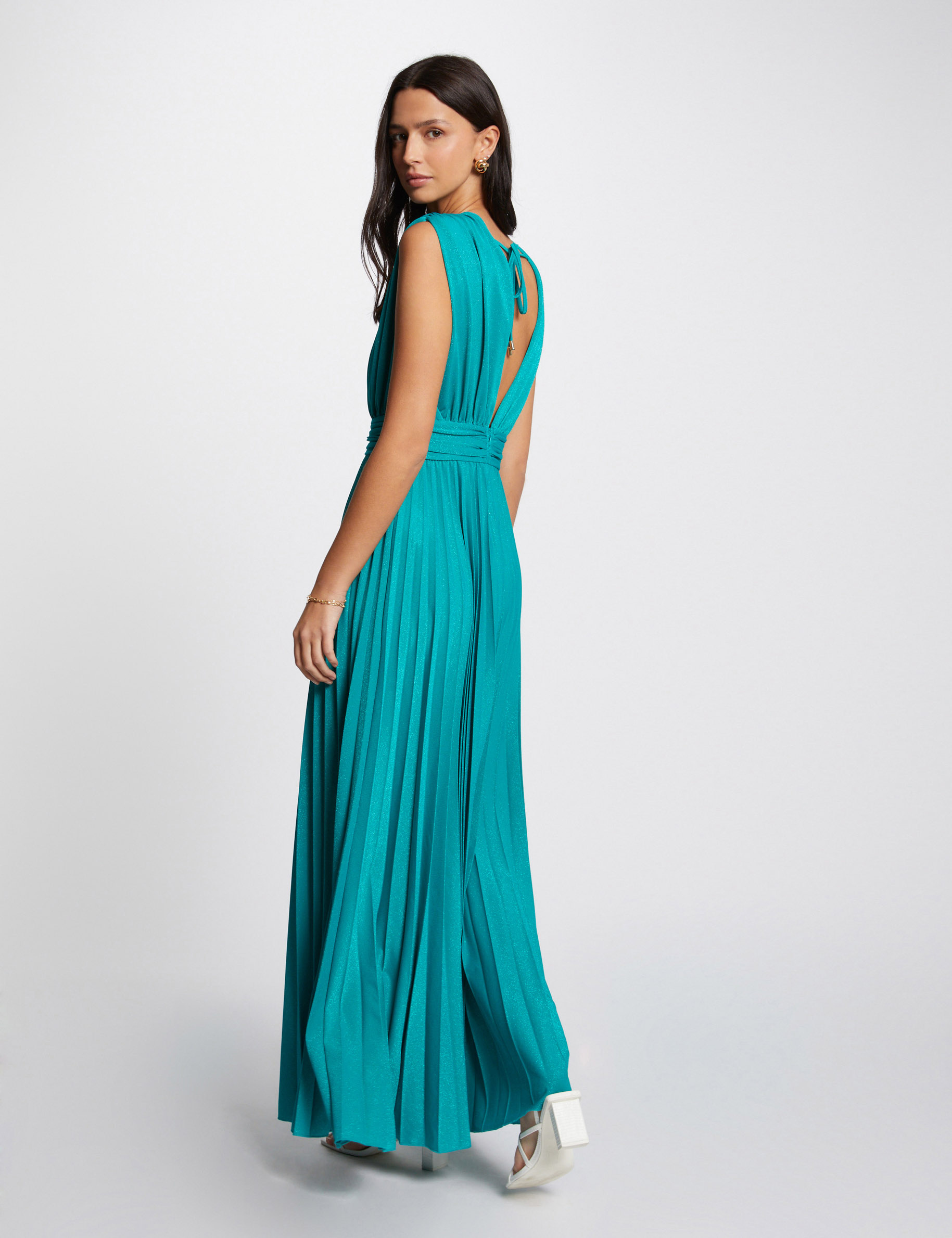 Robe longue évasée plissée turquoise femme