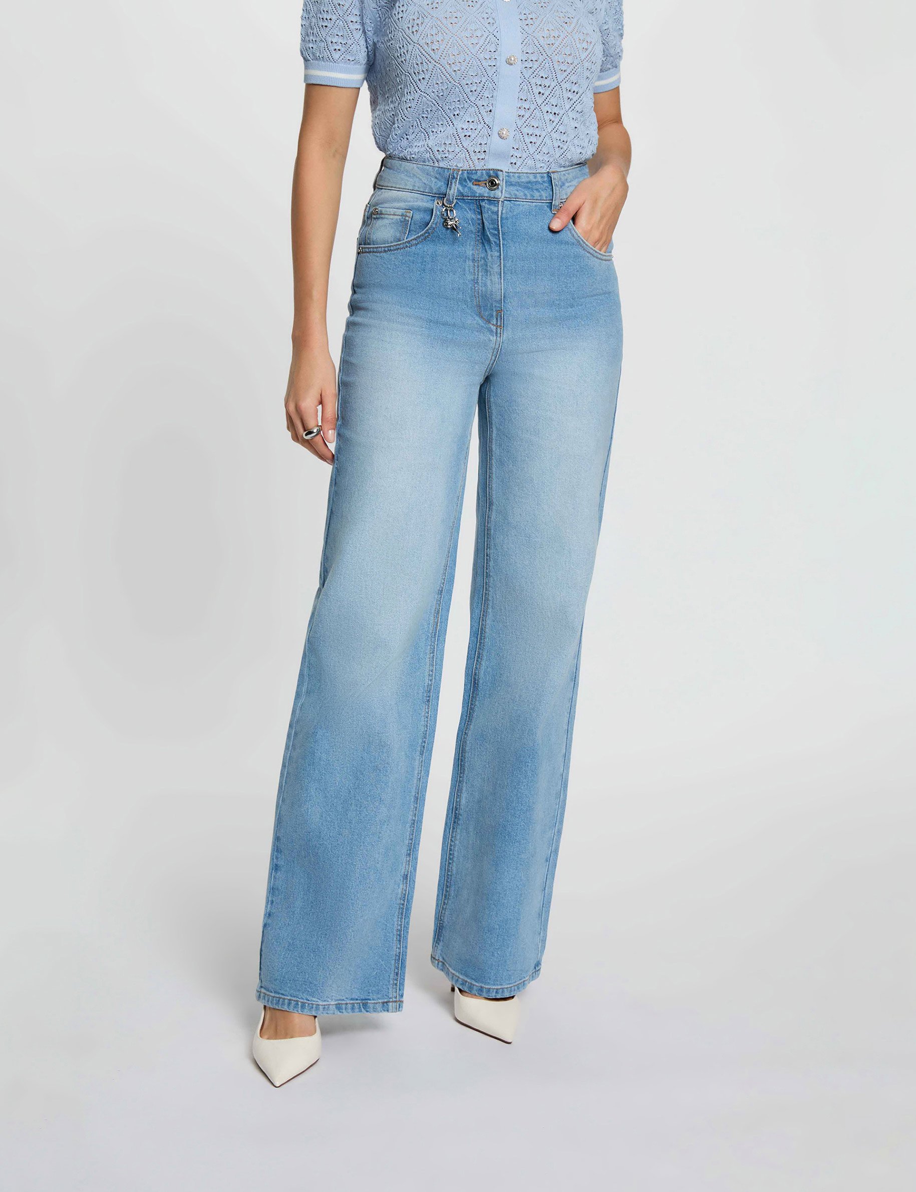 Hoge taille wijde jeans dubbel stone washed denim vrouw