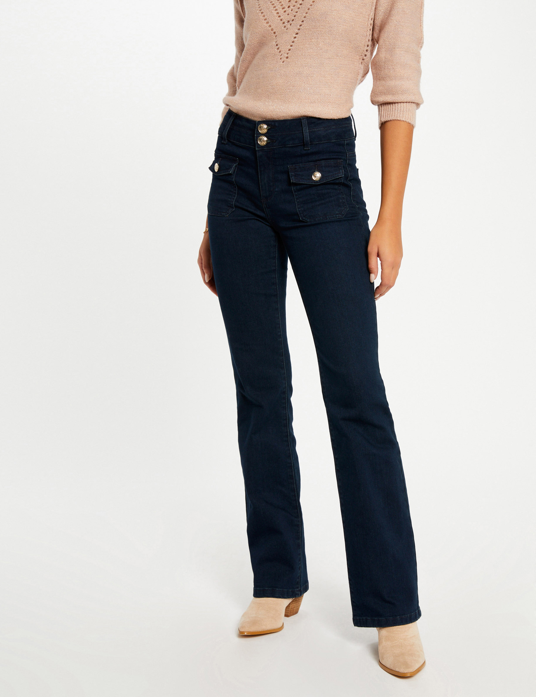 bootcut jeans met hoge taille ruw denim vrouw Bootcut jeans met hoge taille ruw denim vrouw