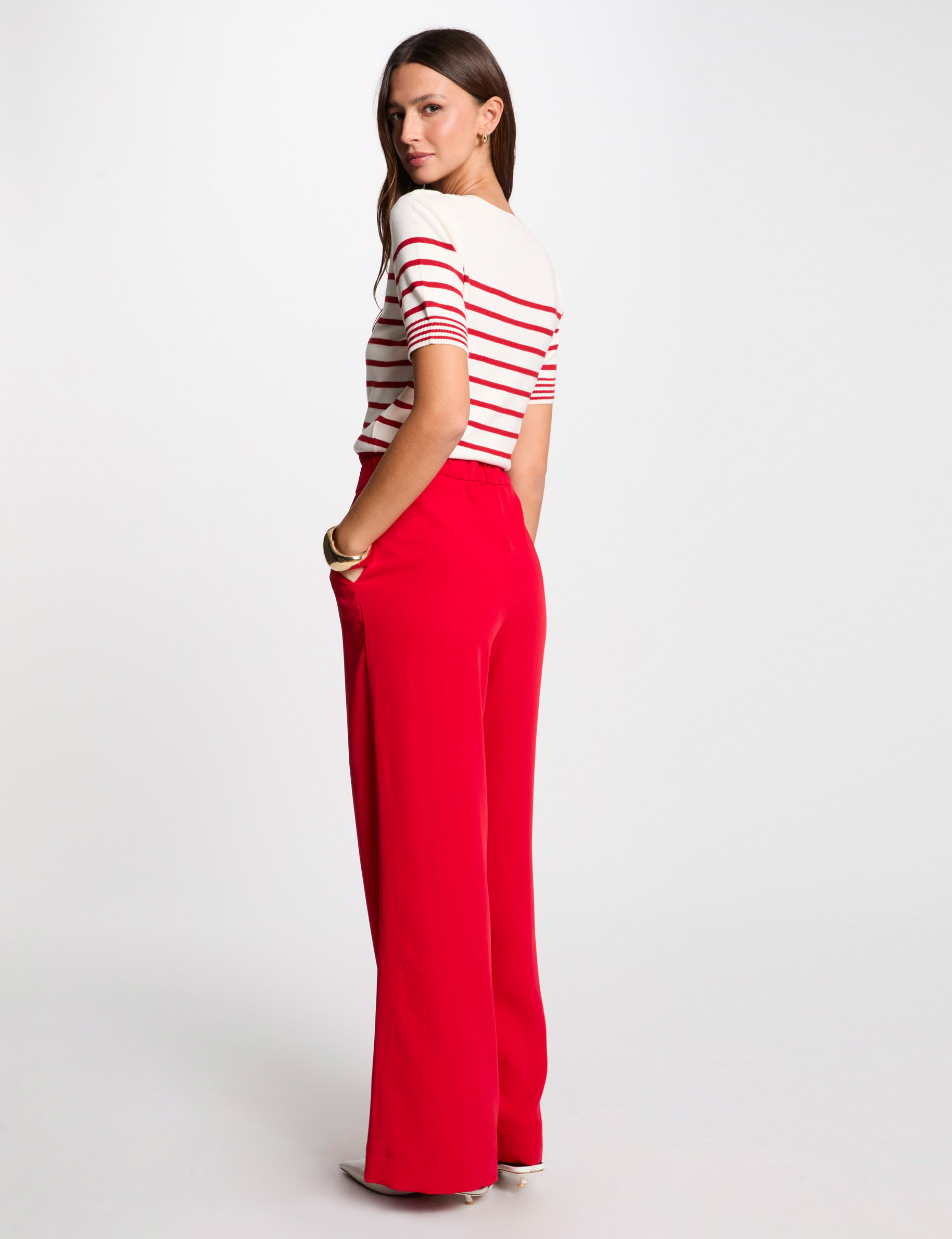 Pantalon large taille haute rouge femme