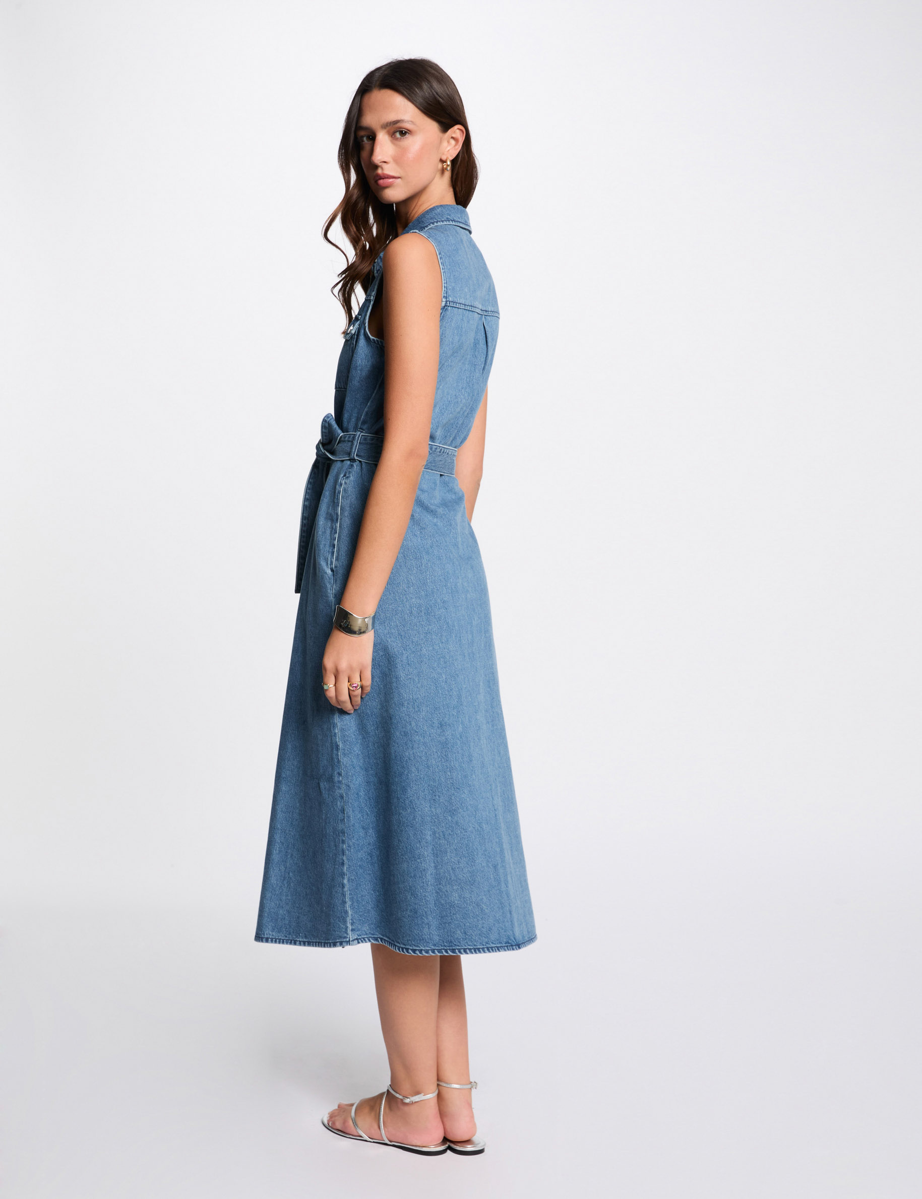 midi trapezejurk van denim stone washed denim vrouw Midi trapezejurk van denim stone washed denim vrouw
