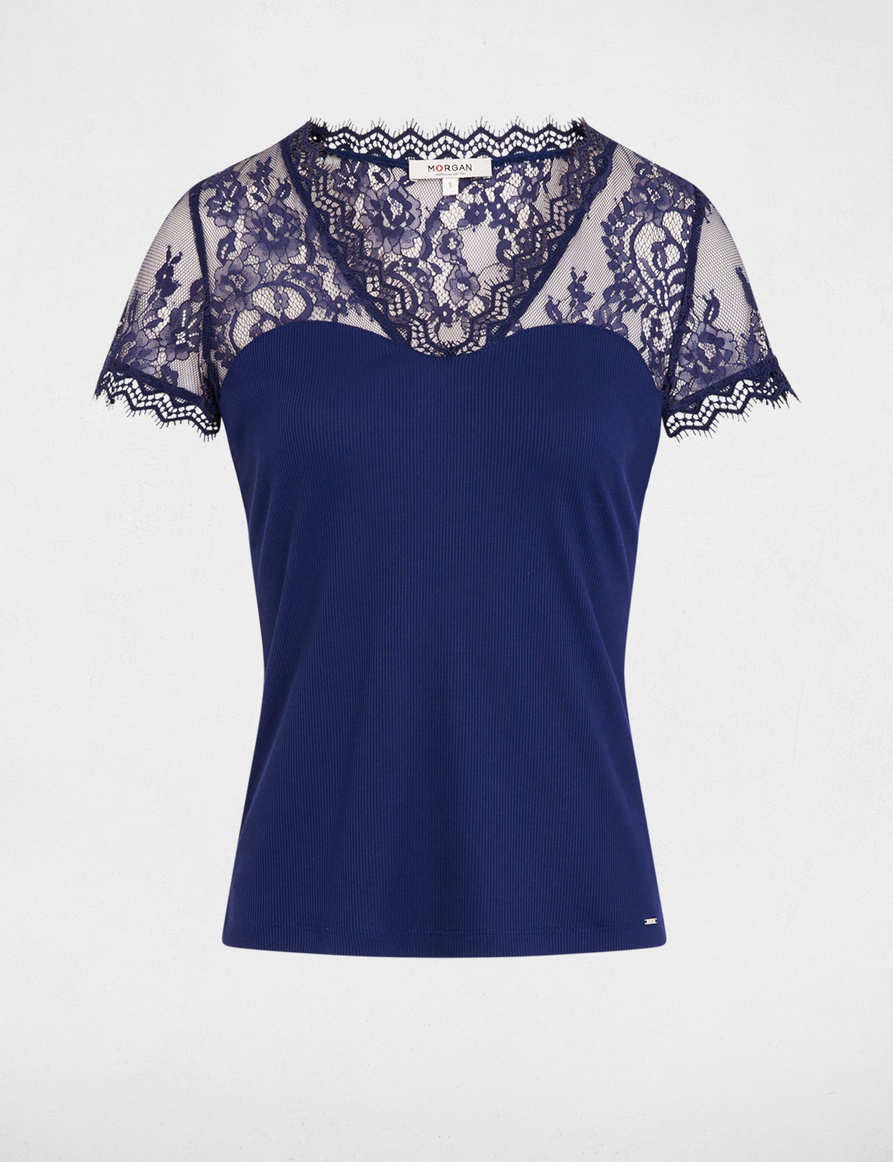 T-shirt manches courtes &agrave; dentelle bleu marine femme
