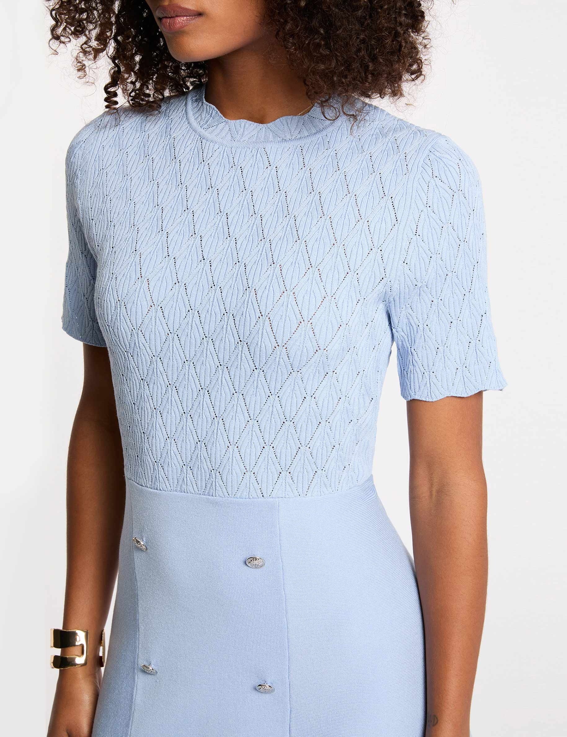 Robe tricot courte col rond bleu ciel femme