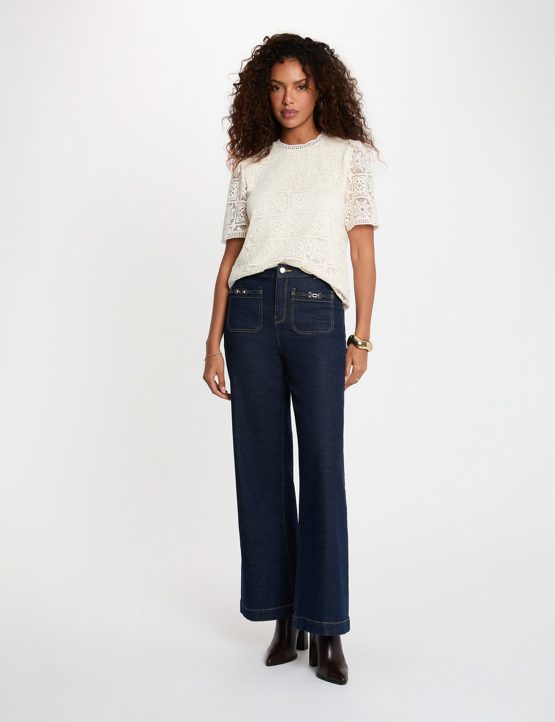 Kant T-shirt met hoge hals ivoor vrouw