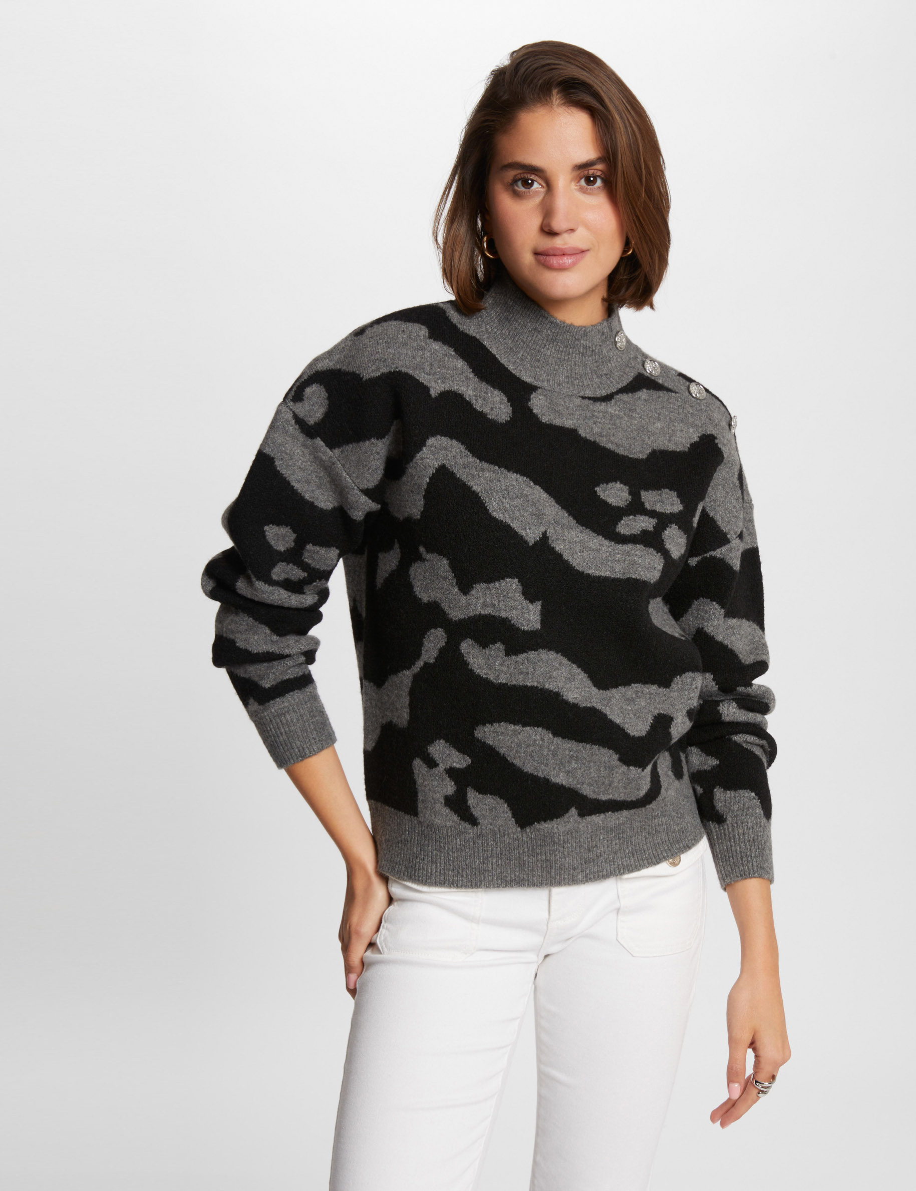 pull col montant imprime gris anthracite femme Pull col montant imprimé gris anthracite femme