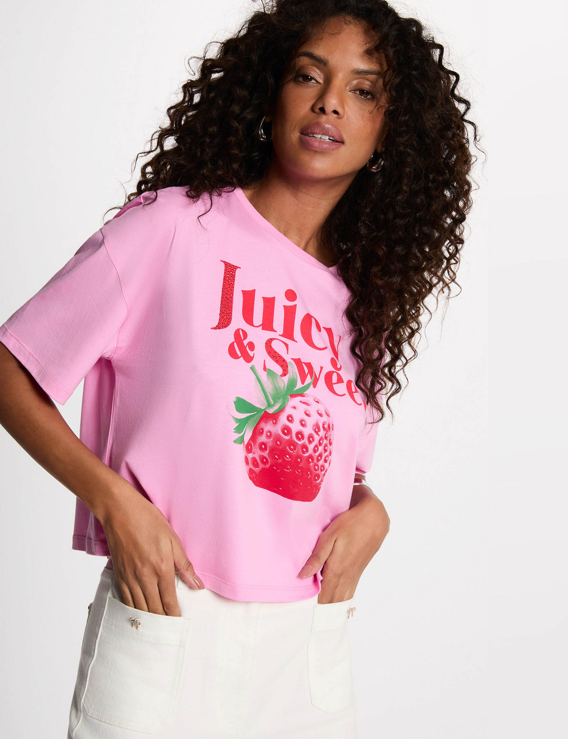 T-shirt cropped imprim&eacute; rose femme