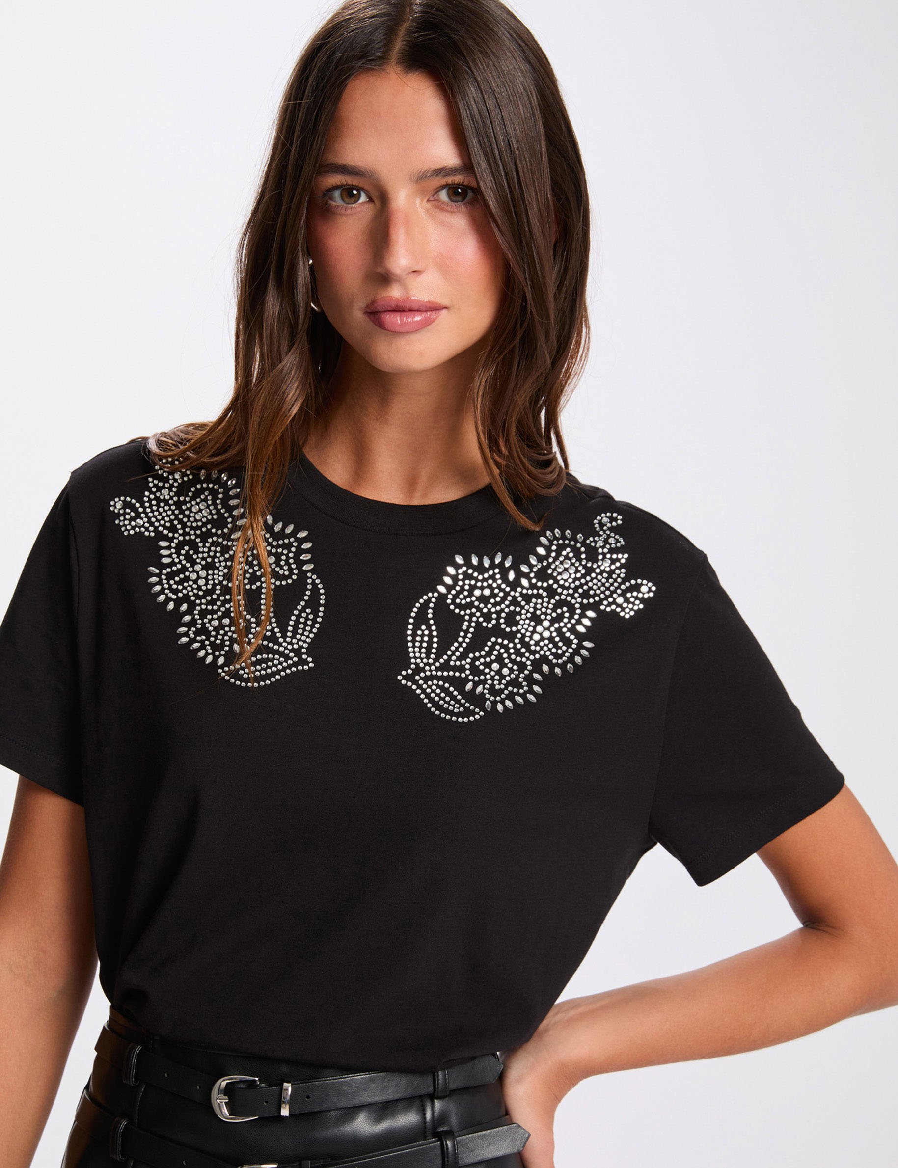 t shirt met strassmotief zwart vrouw T-shirt met strassmotief zwart vrouw