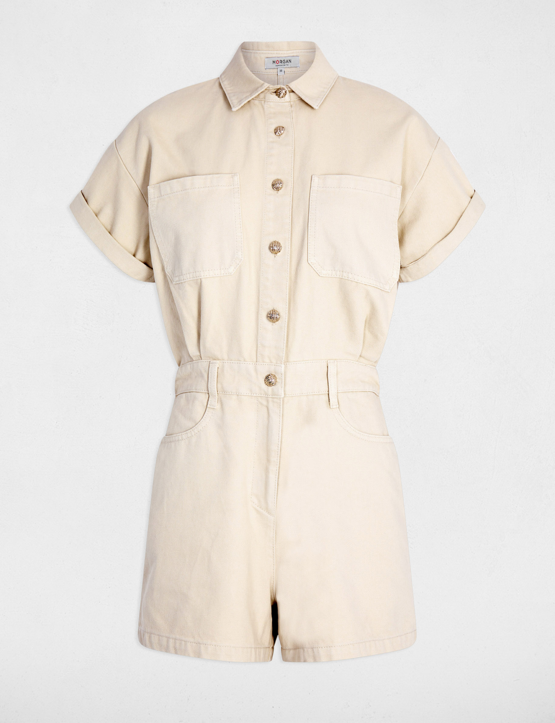 Getailleerde denim jumpshort licht beige vrouw