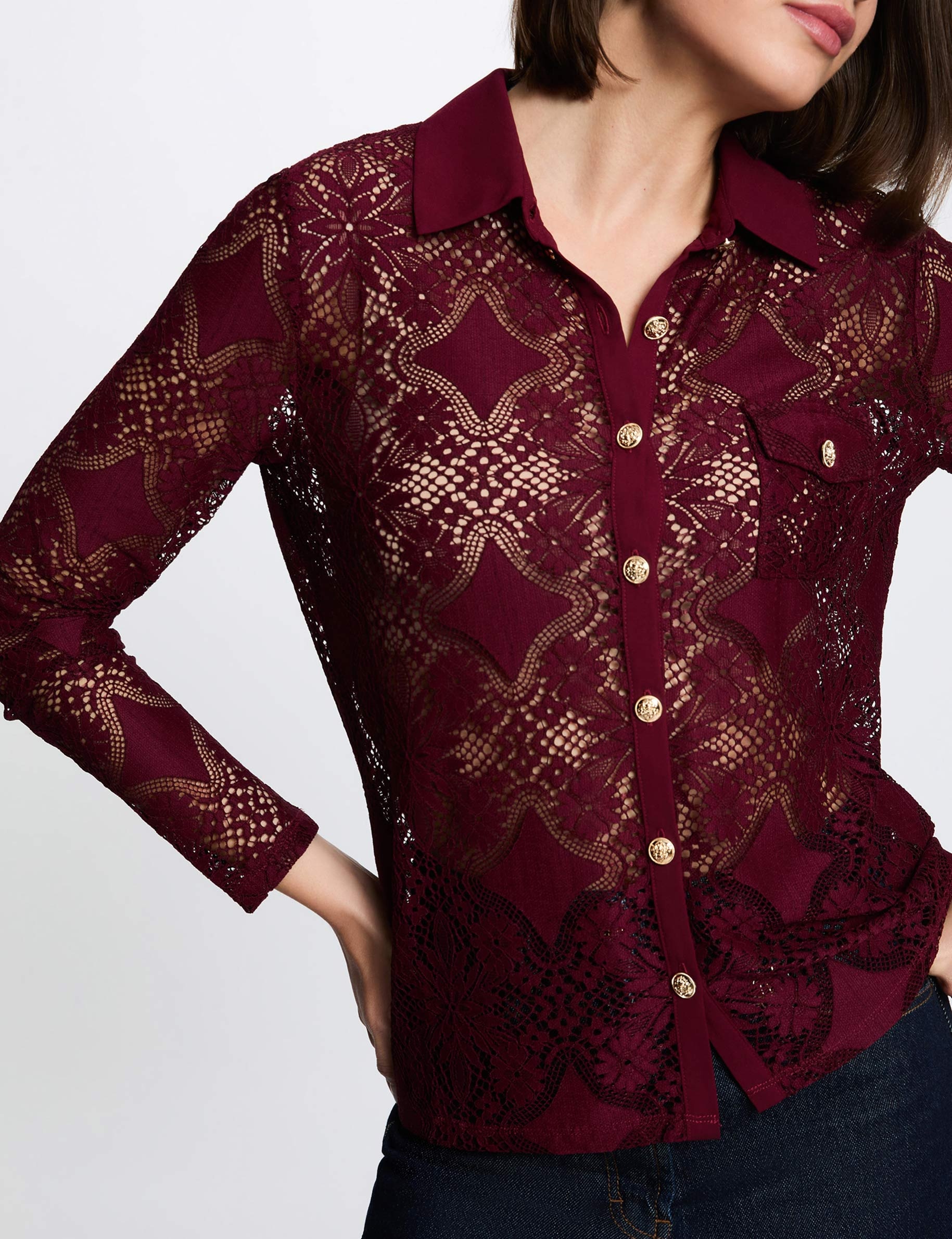 Kant blouse met reverskraag bordeaux vrouw