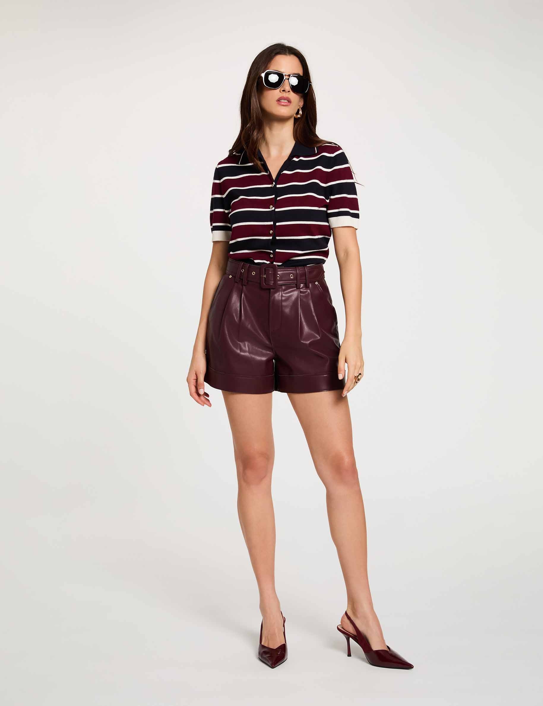 Pull col polo ray&eacute; bordeaux femme