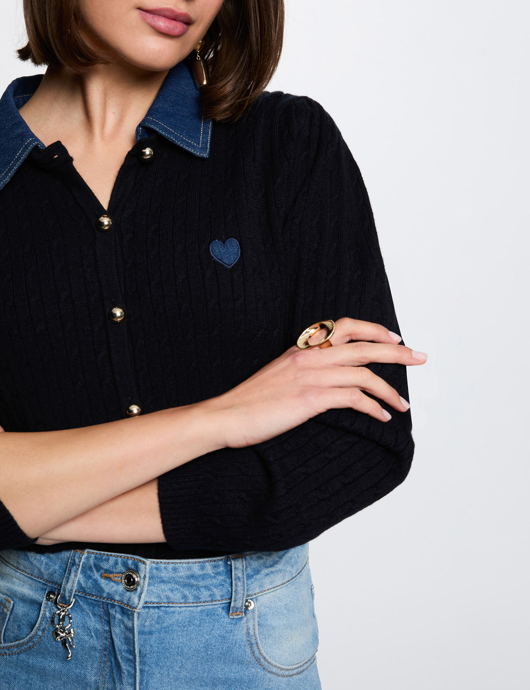 Trui met reverskraag en knopen marineblauw vrouw