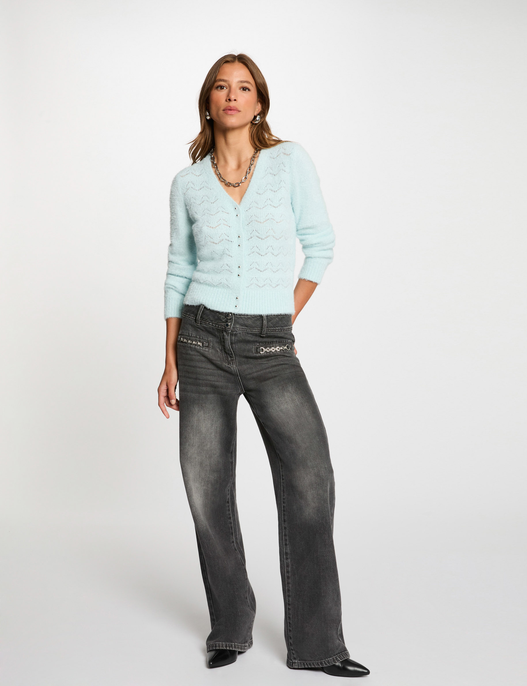 Getextureerd vest met V-hals hemelsblauw vrouw