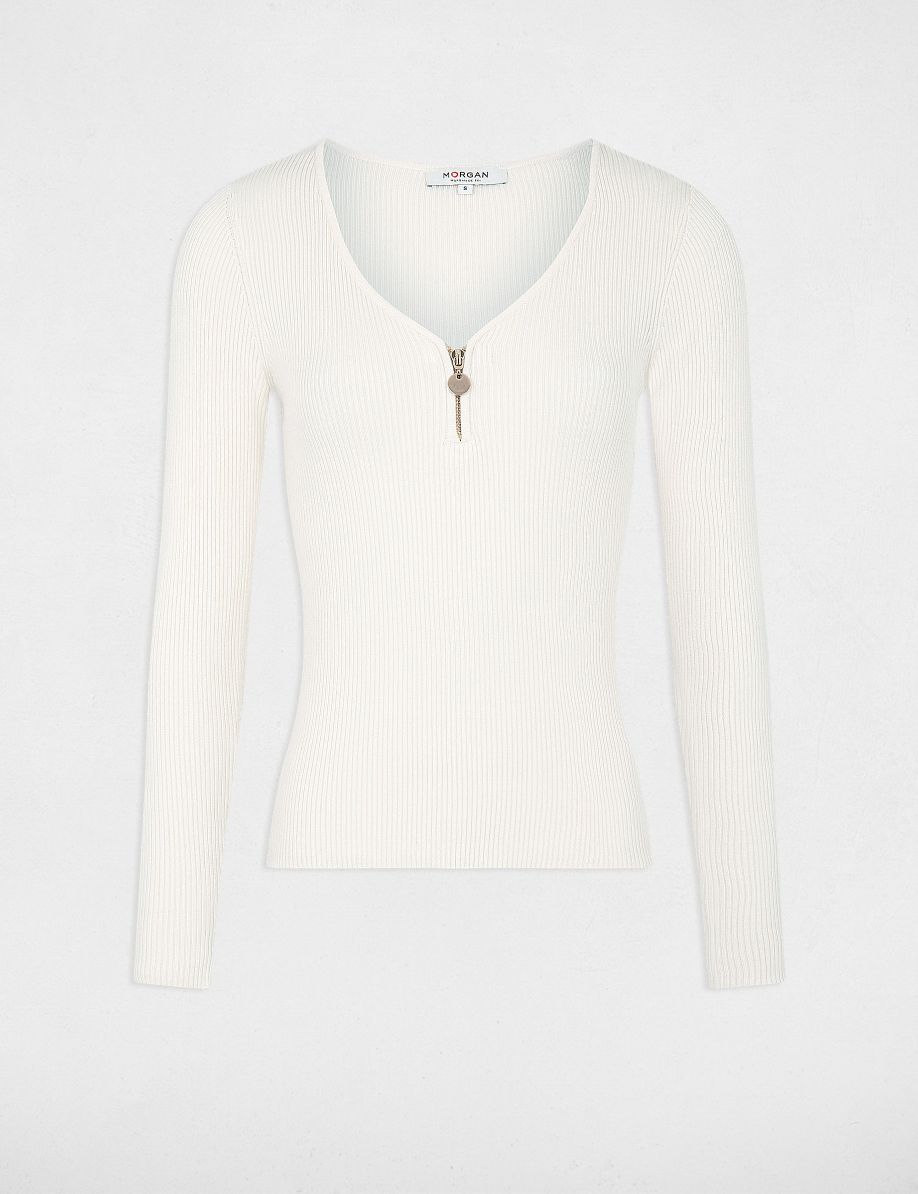 Geribbelde trui met lange mouwen ivoor vrouw