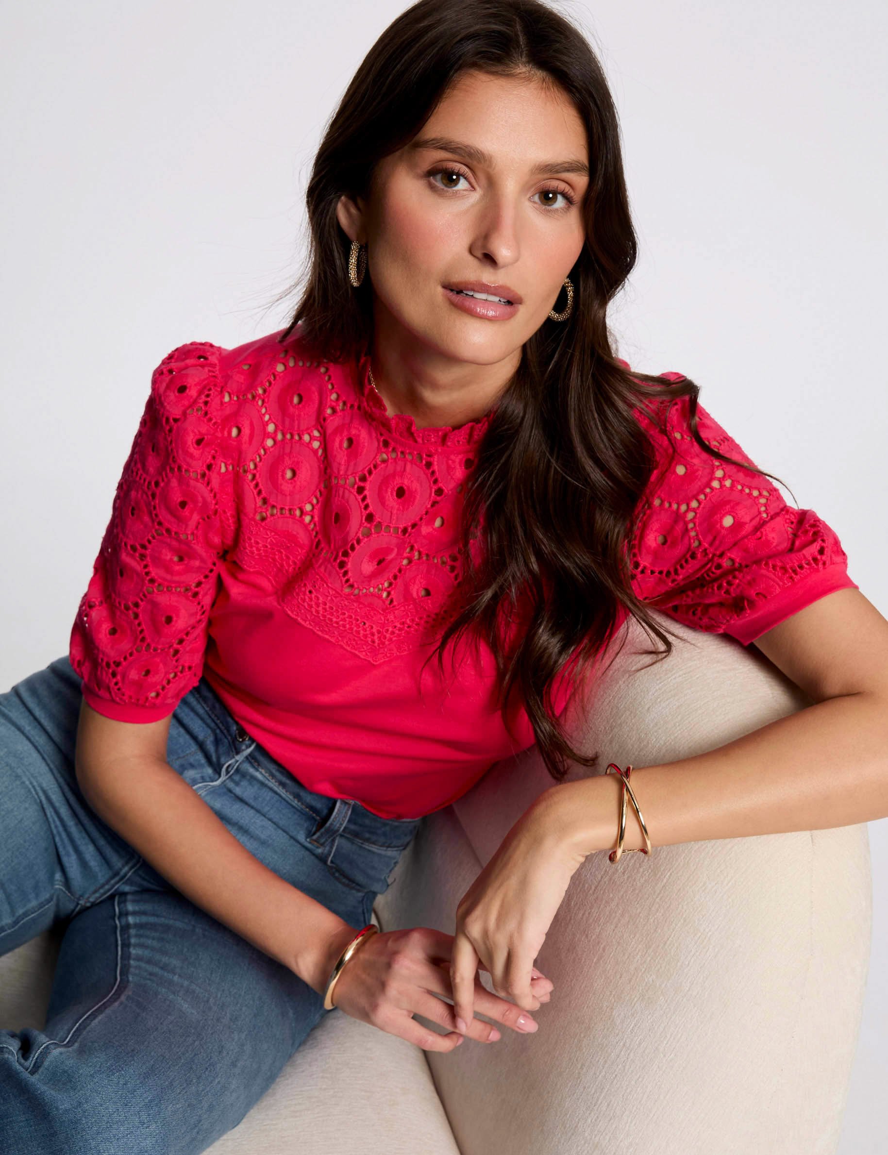 Geborduurd T-shirt met korte mouwen fuchsia roze vrouw