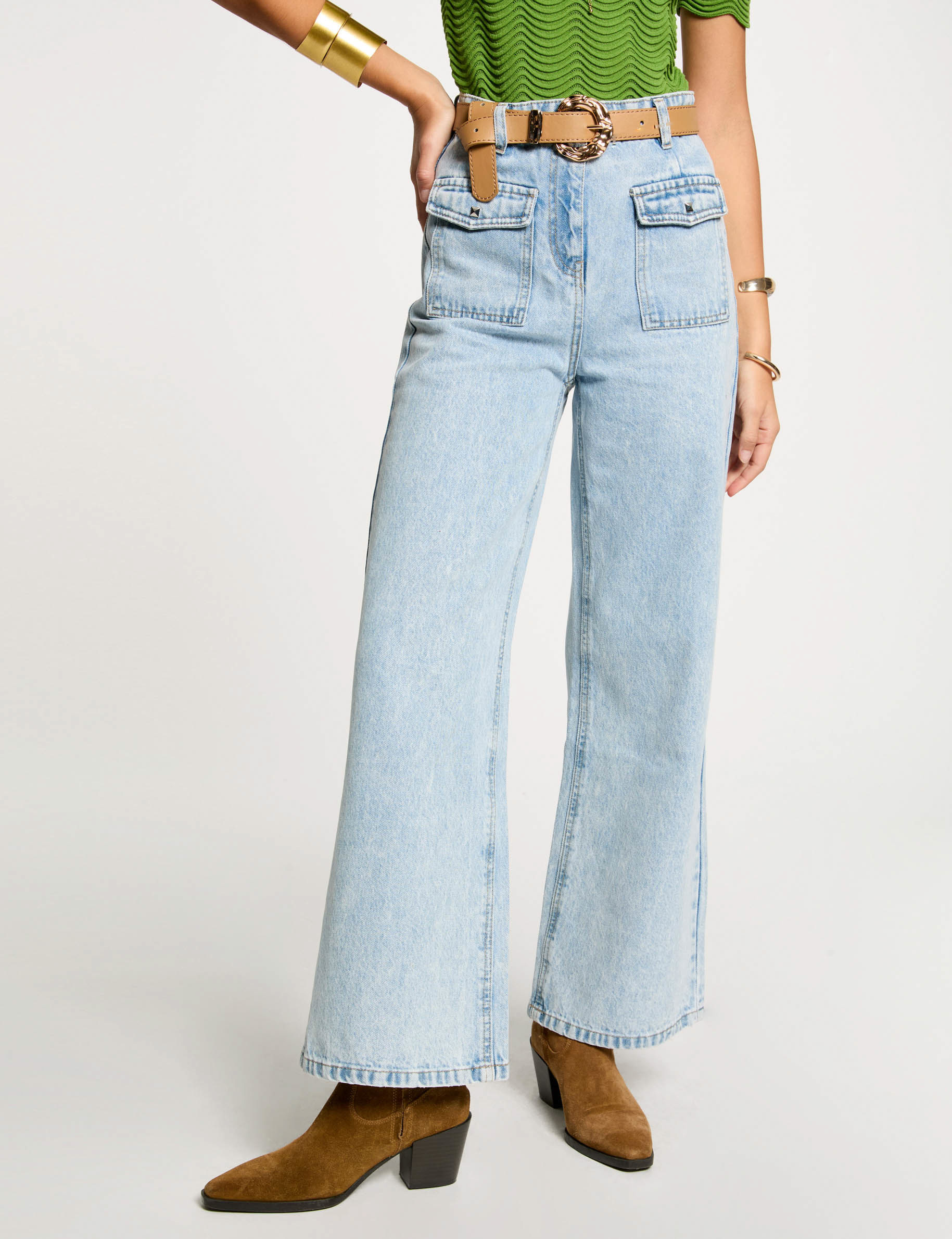 brede jeans met hoge taille gebleekt denim vrouw Brede jeans met hoge taille gebleekt denim vrouw