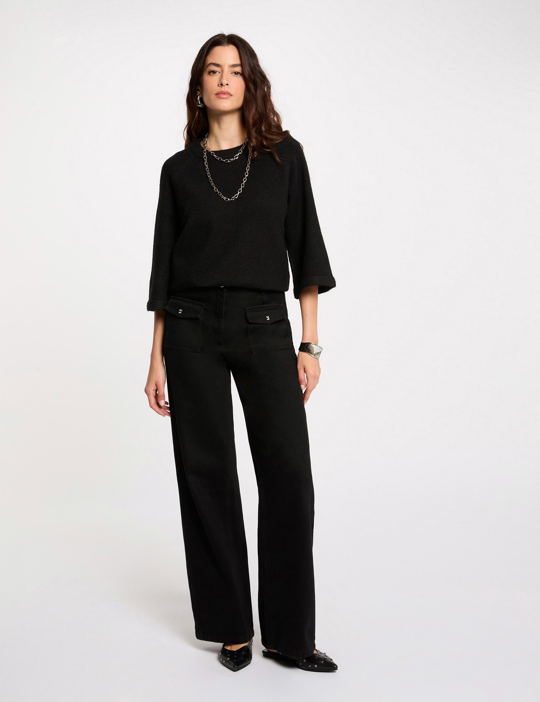 Pull manches 3/4 oversize noir femme