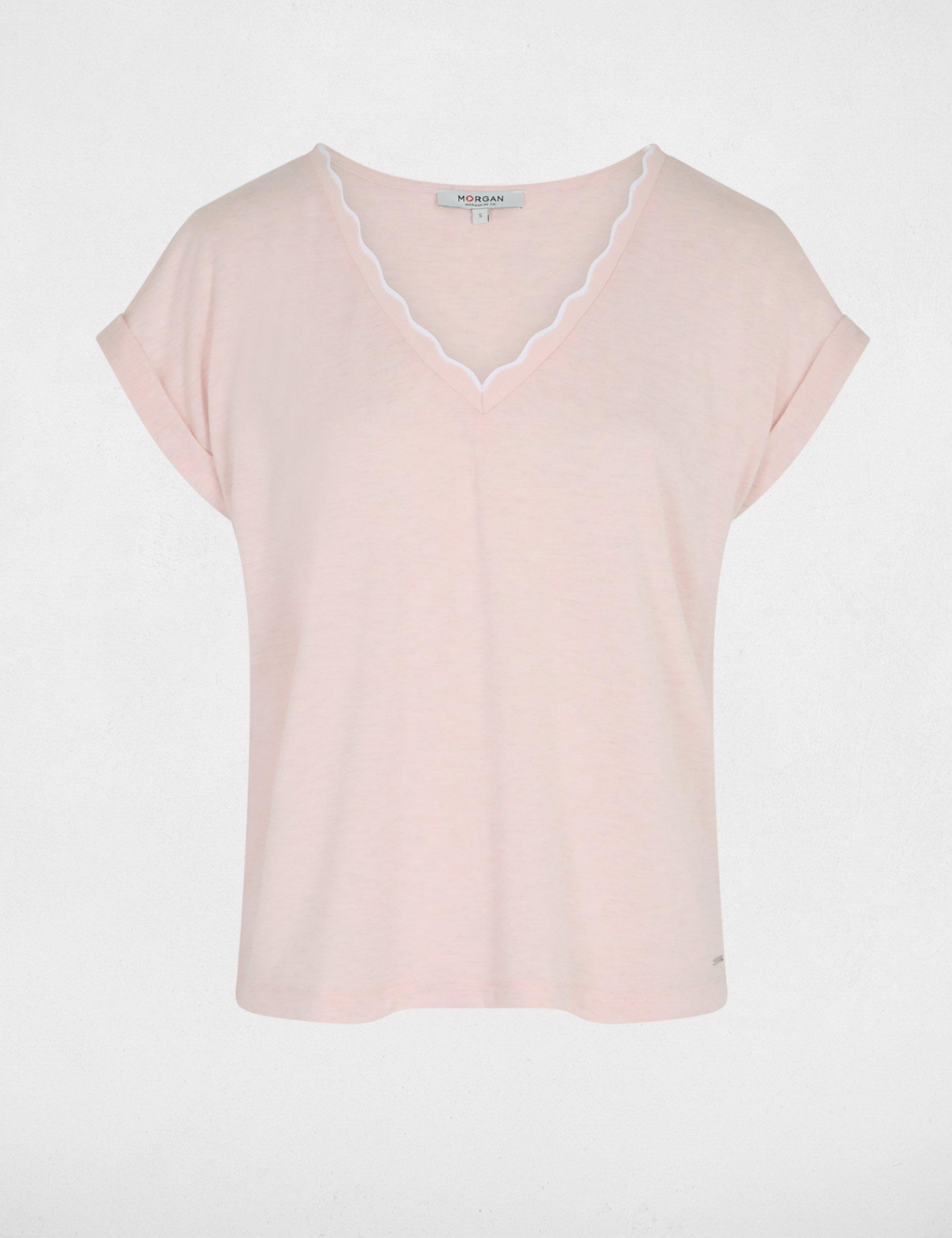T-shirt col v manches courtes rose clair femme