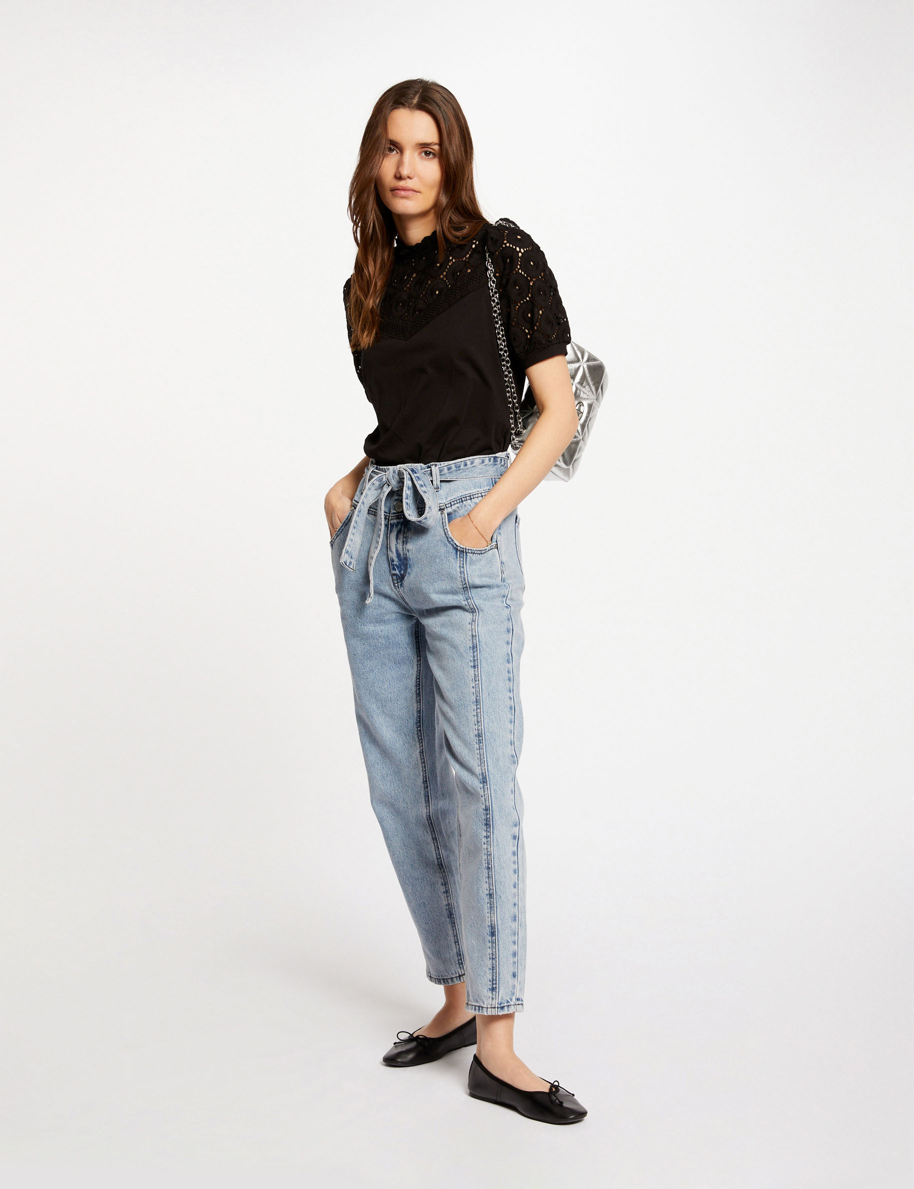 t shirt manches courtes brode noir femme T-shirt manches courtes brodé noir femme