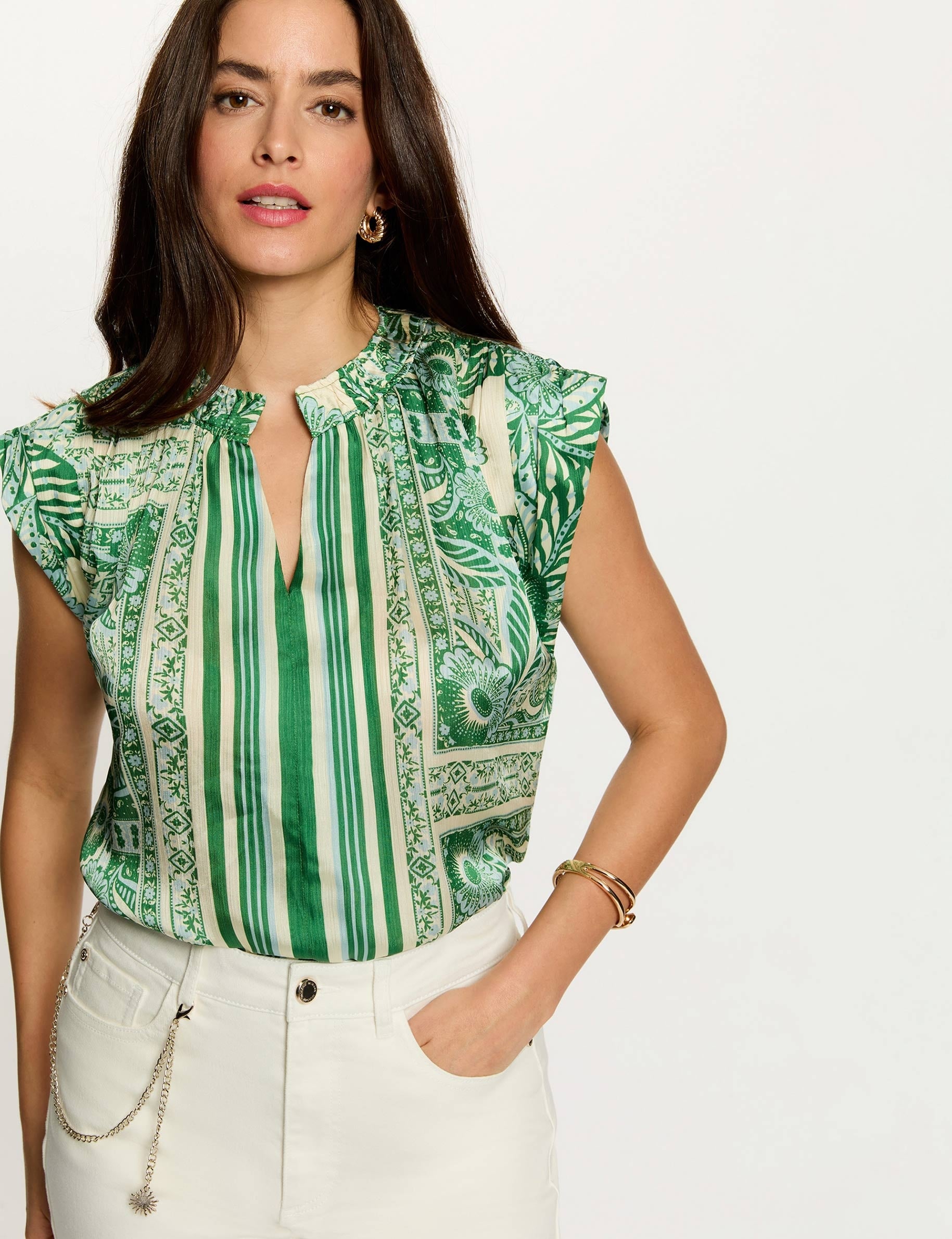 Mouwloze blouse met V-hals meerkleurig vrouw
